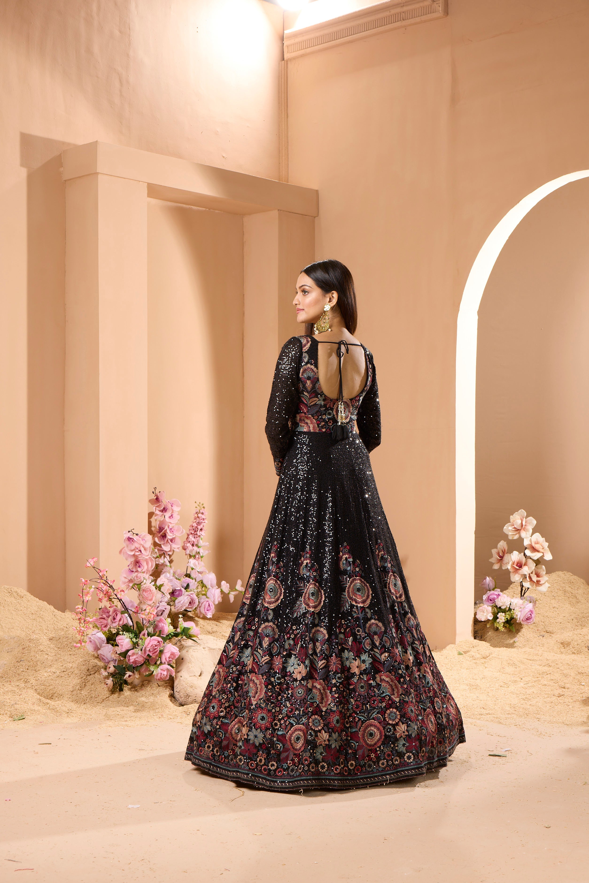 Blinging Black Floral Embroidered Georgette Silk Anarkali Set