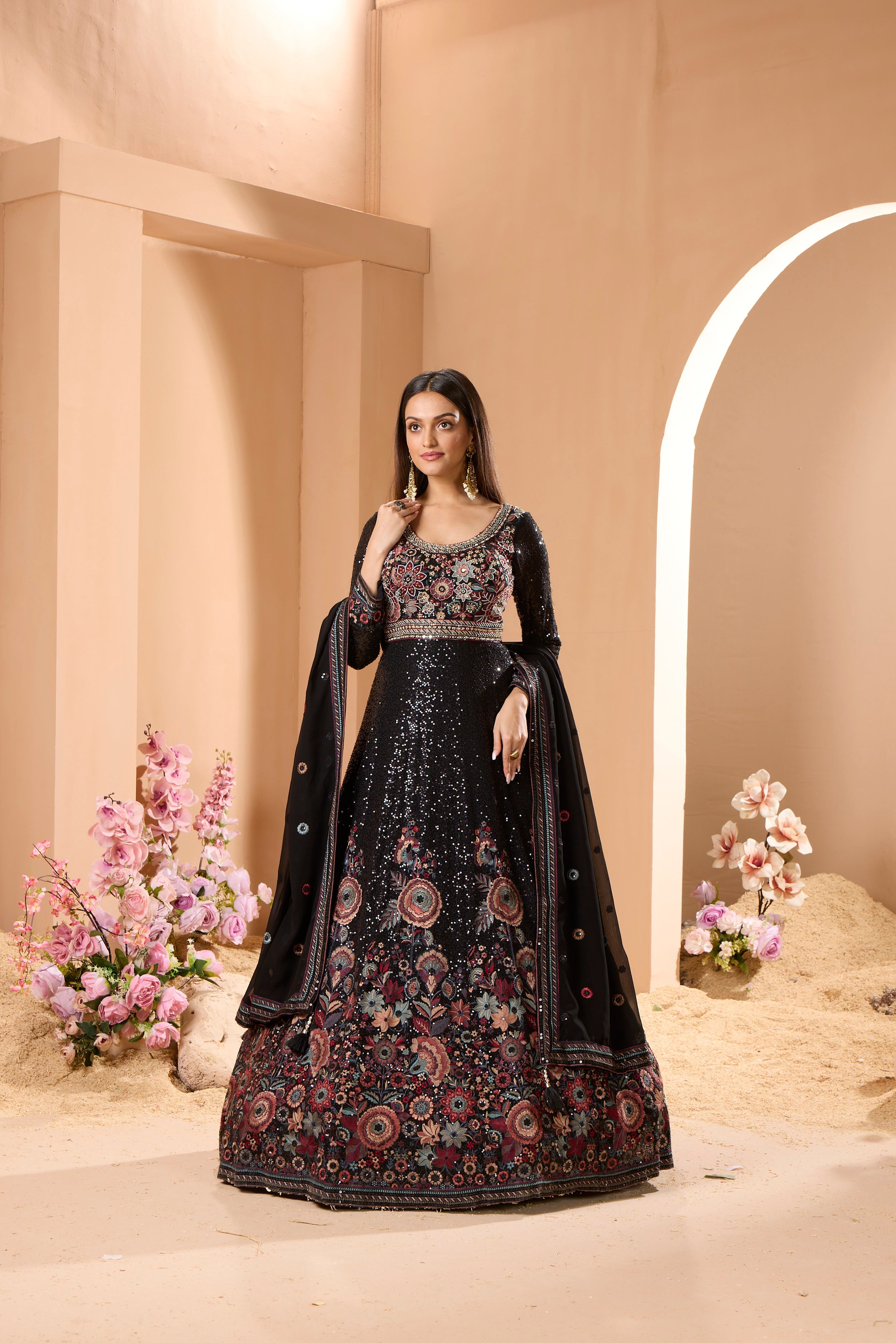 Blinging Black Floral Embroidered Georgette Silk Anarkali Set