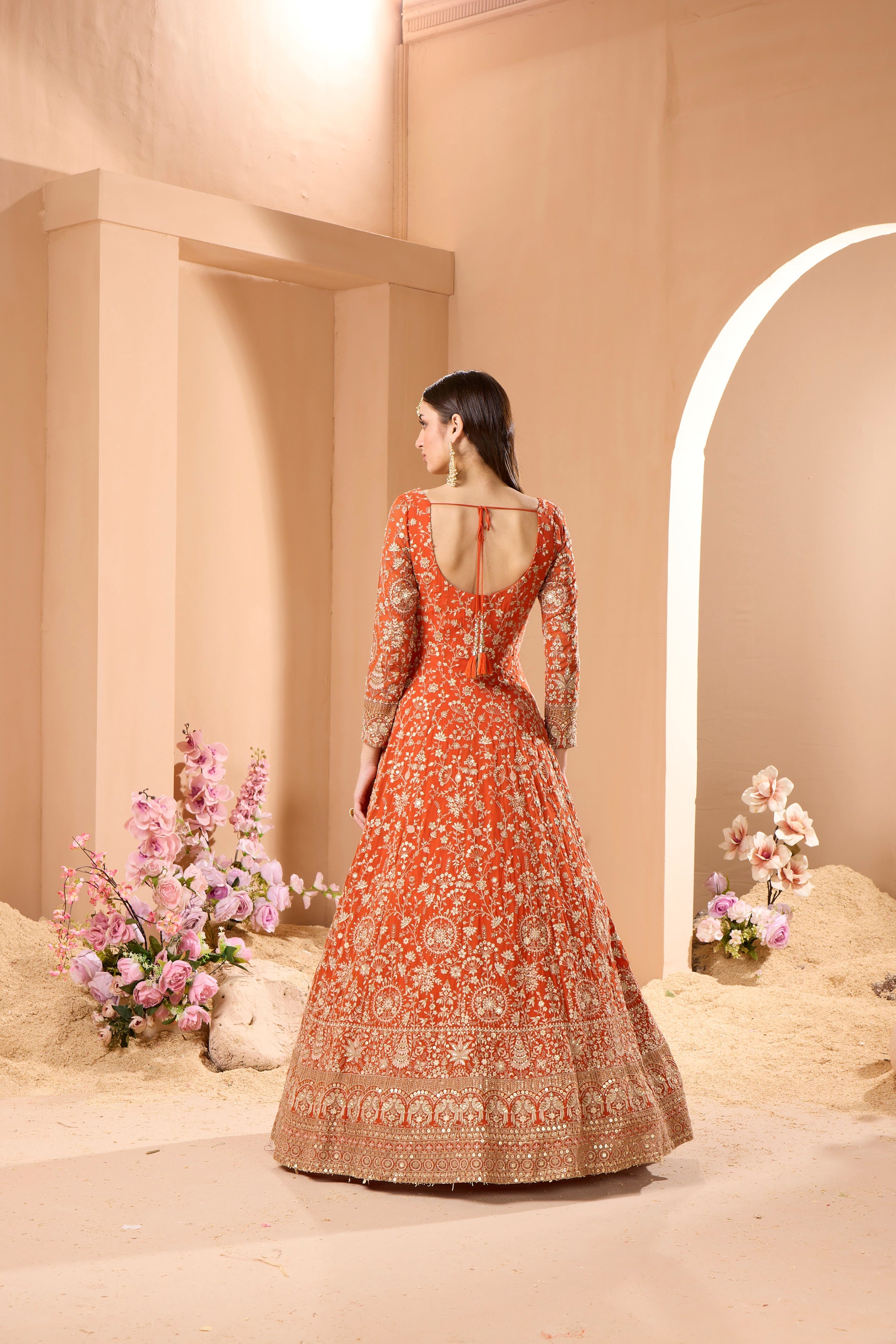 Affluent Orange Embroidered Georgette Silk Anarkali Set