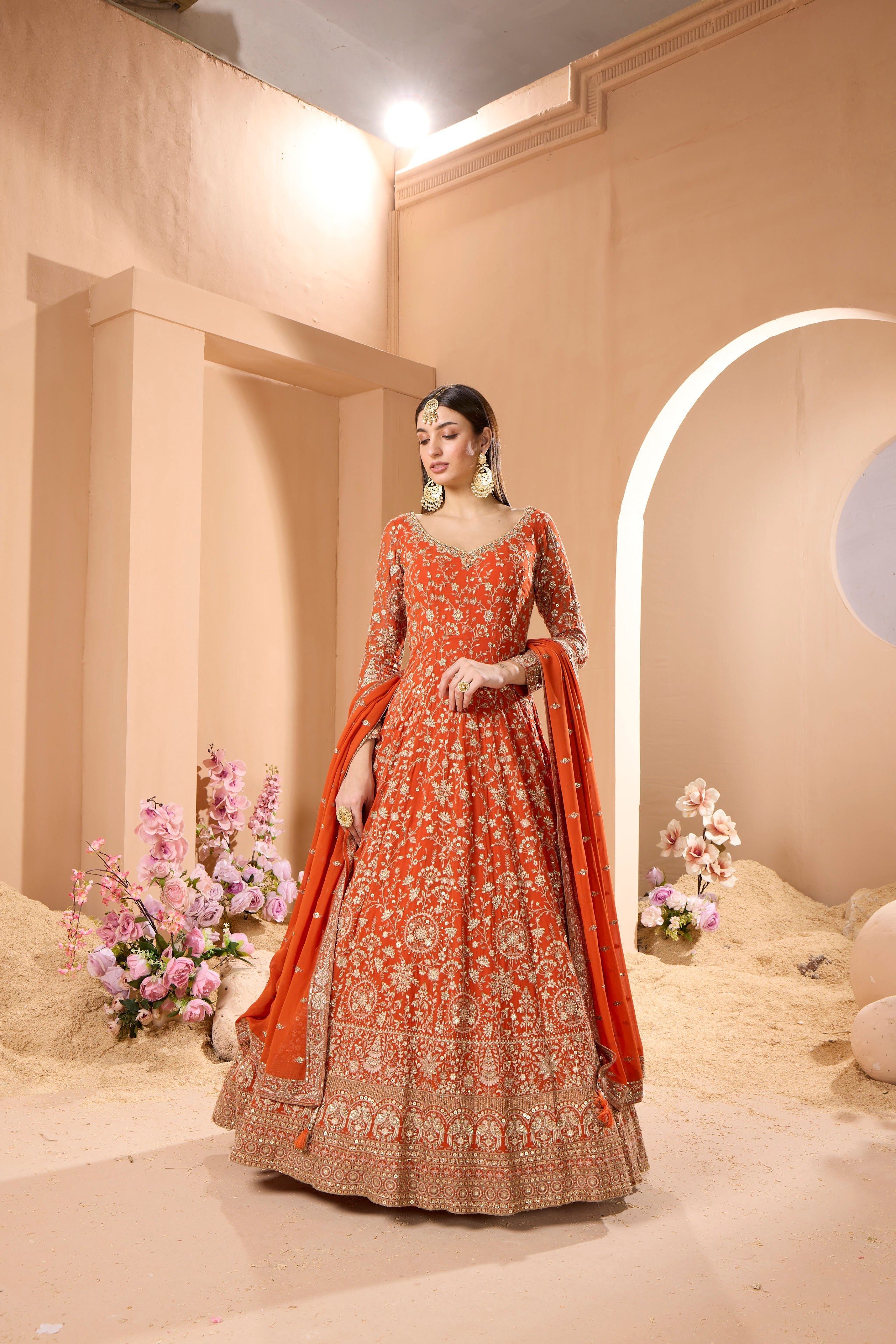 Affluent Orange Embroidered Georgette Silk Anarkali Set