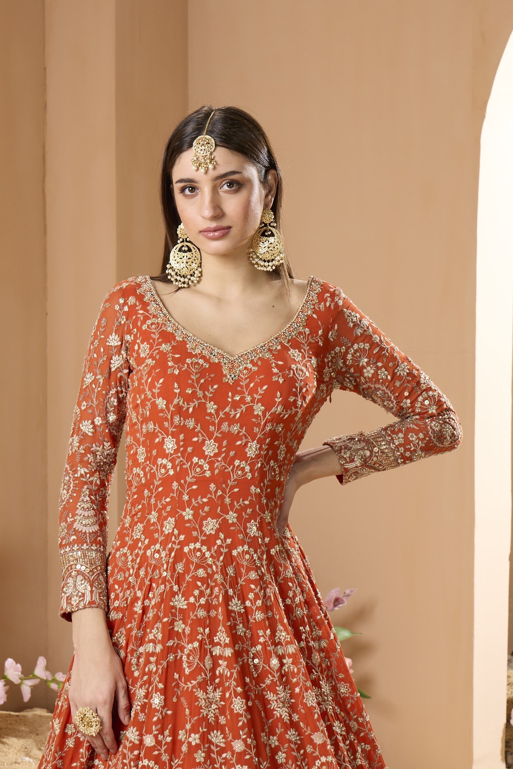 Affluent Orange Embroidered Georgette Silk Anarkali Set