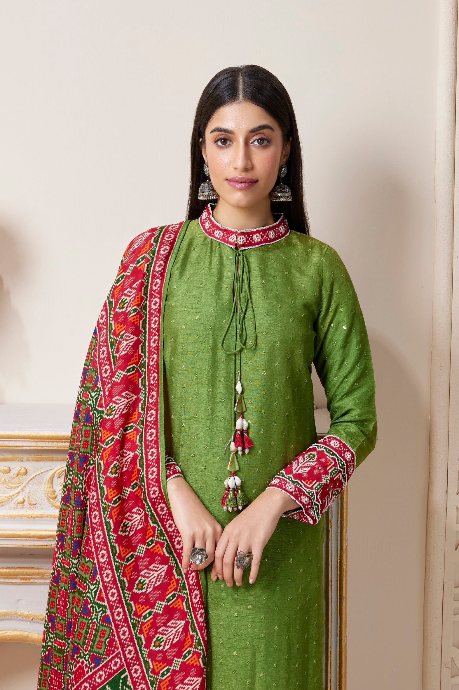 Lime Green Embellished Raw Silk Pant Set