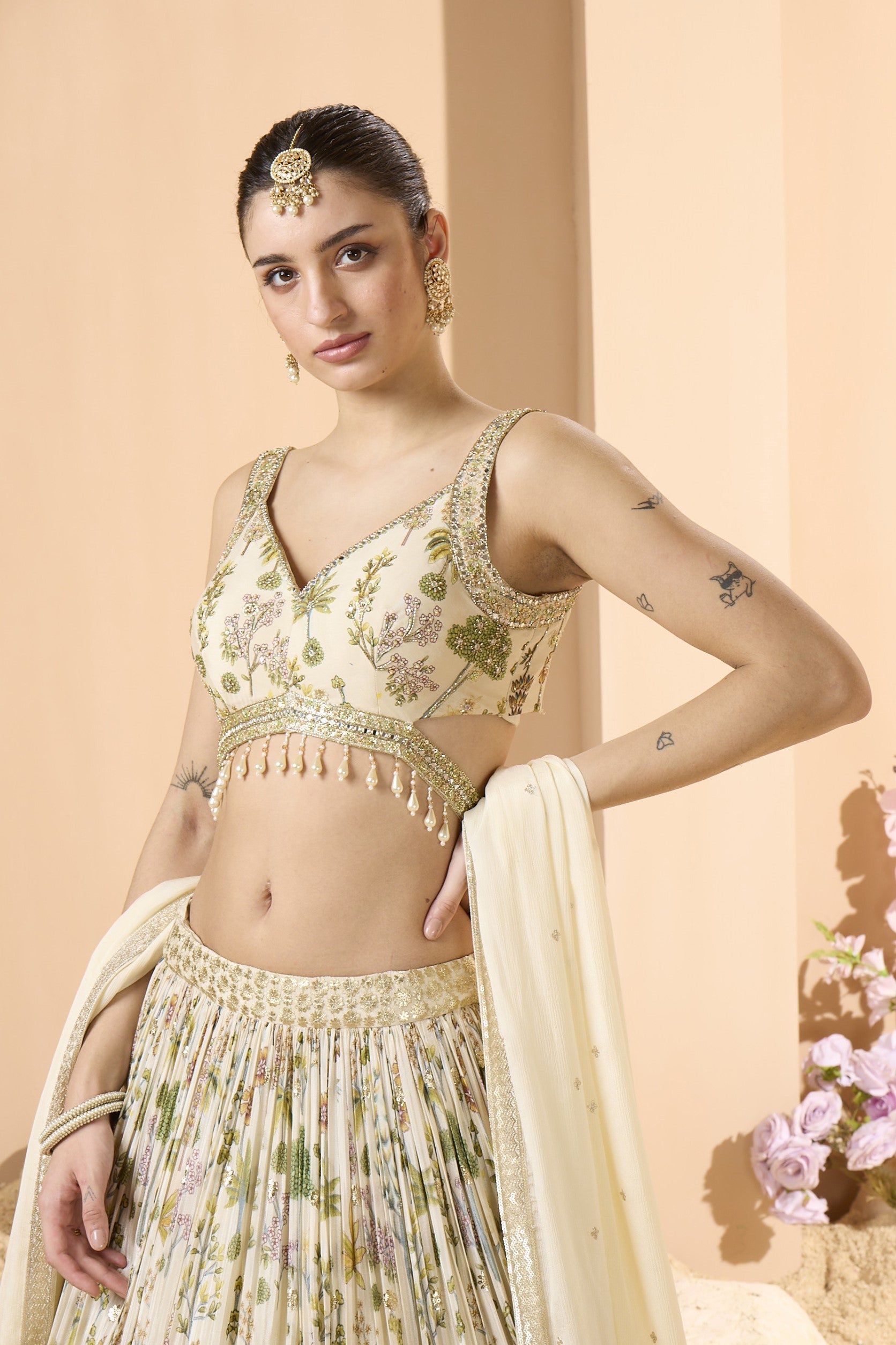 White Amore Floral Printed Georgette Silk Lehenga Set