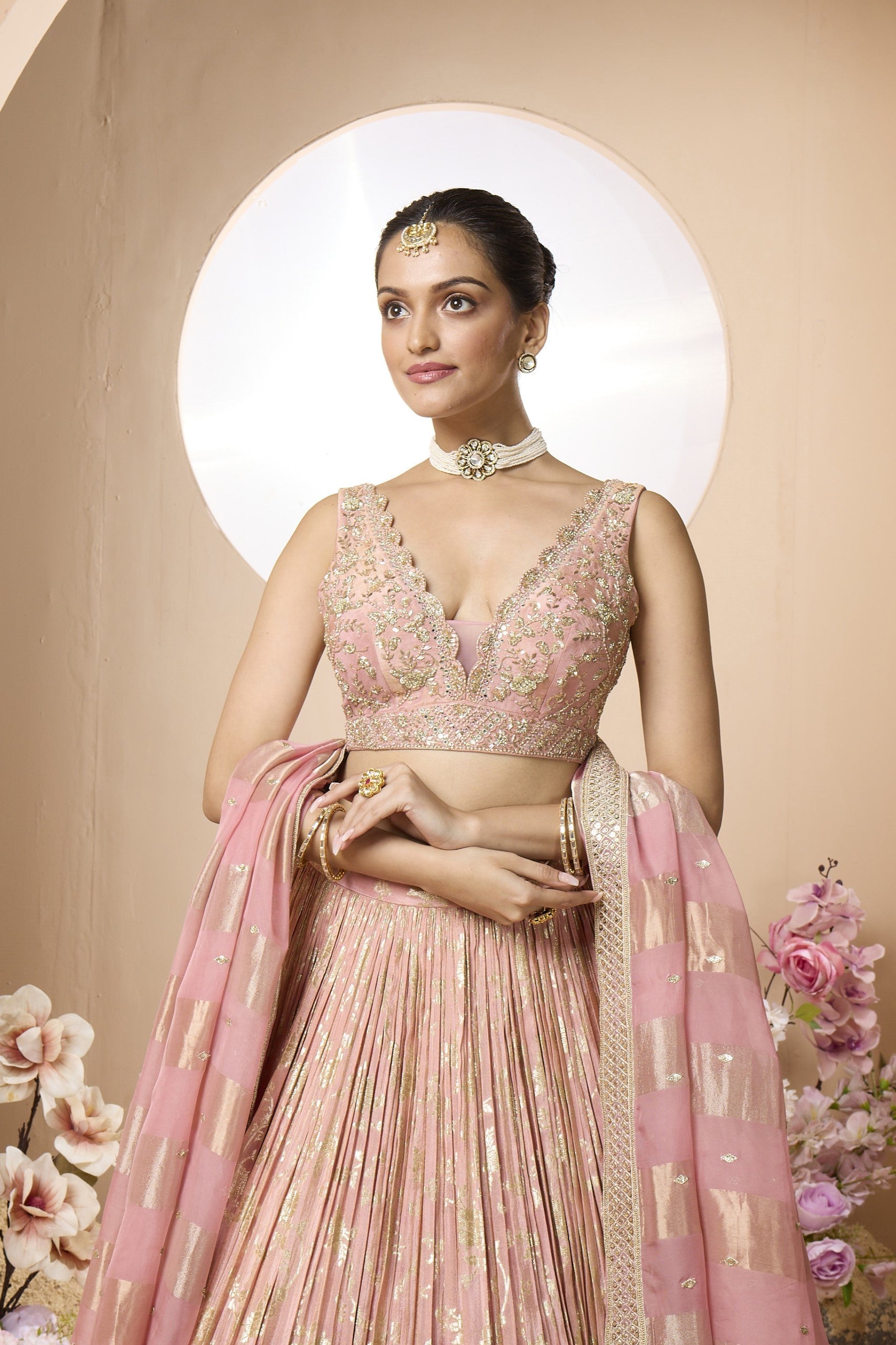 Rose Gold Embellished Georgette Silk Lehenga Set