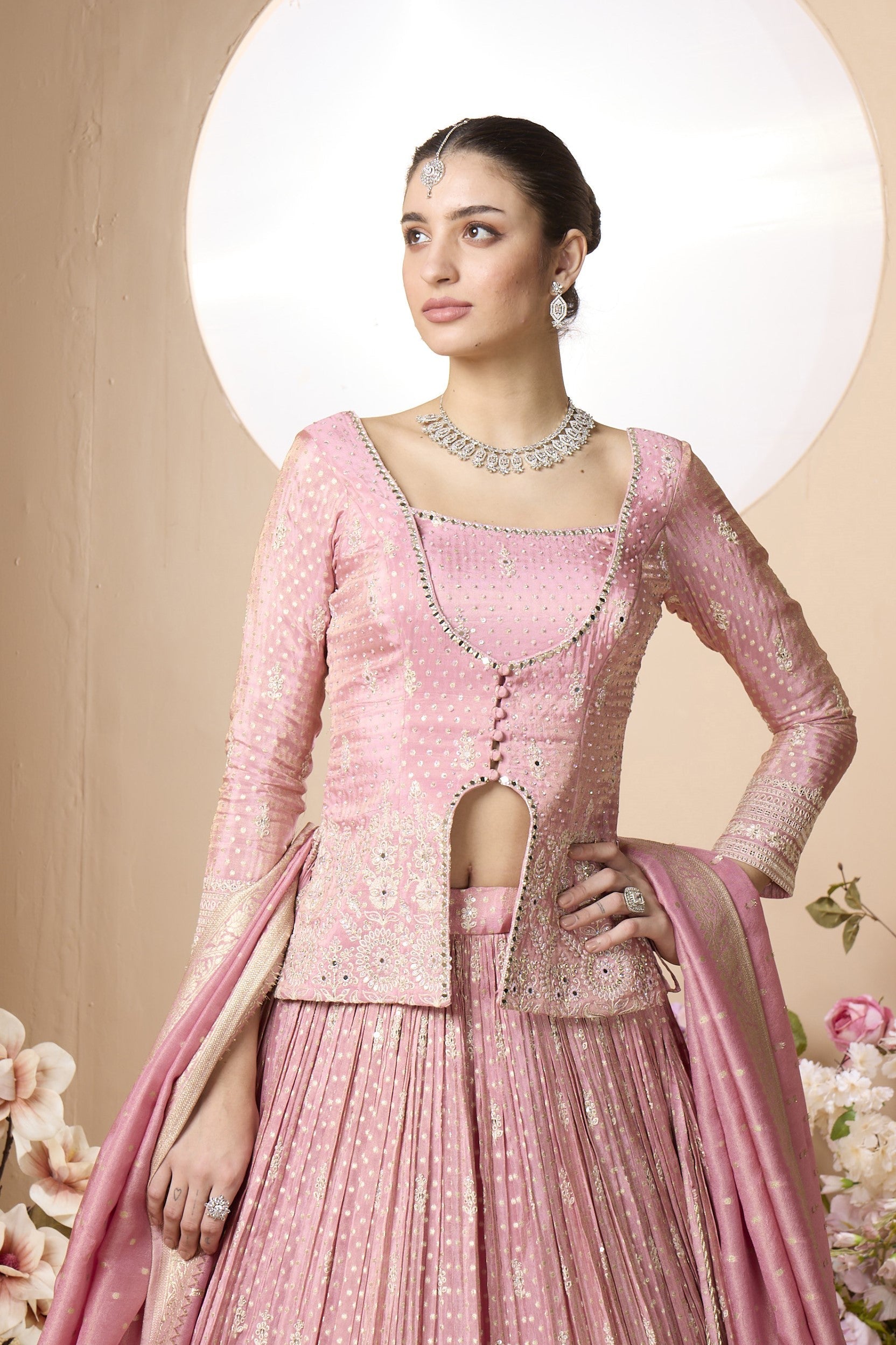 Crystal Pink Embellished Banarasi Silk Lehenga Set