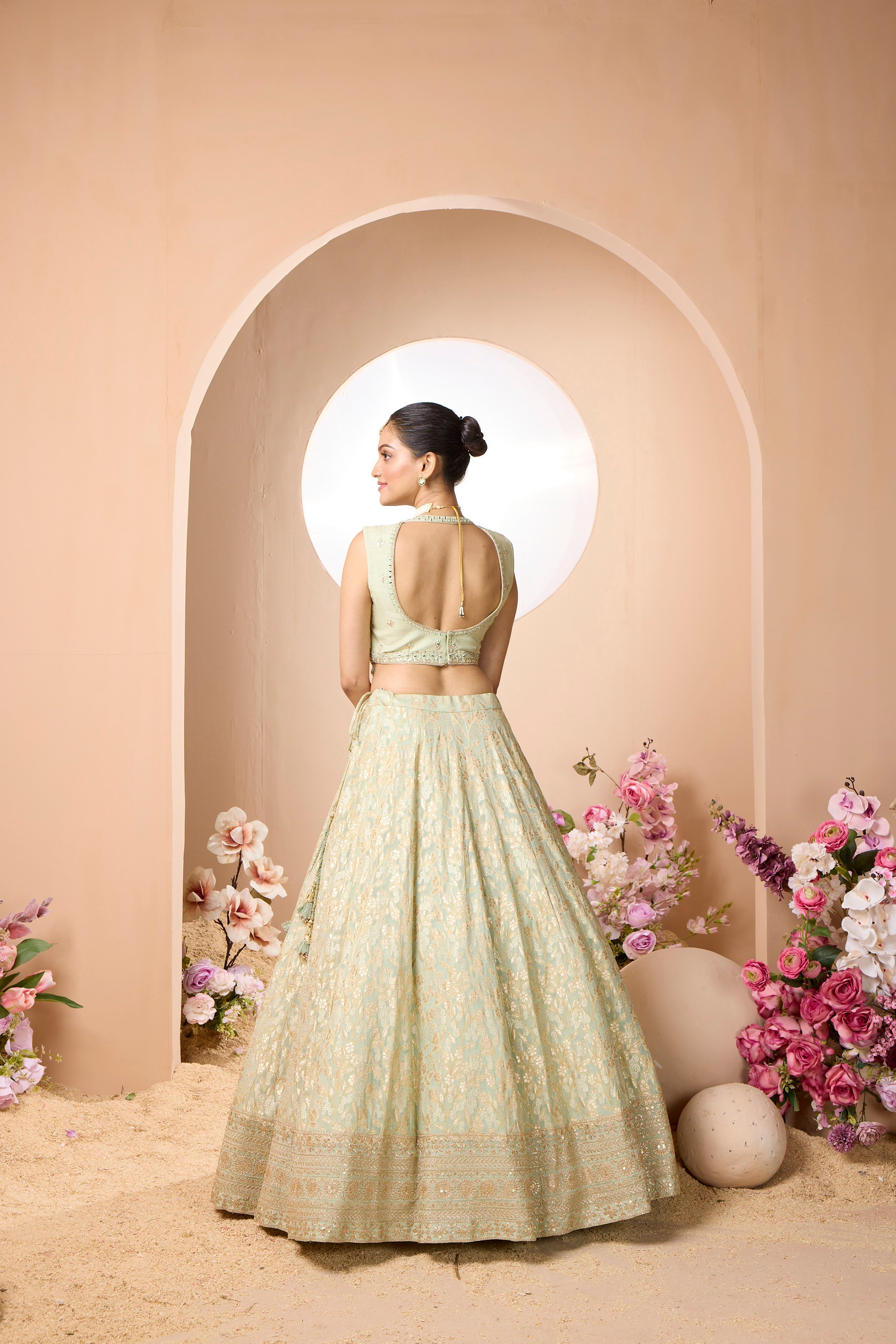 Sage Green Embellished Georgette Silk Lehenga Set