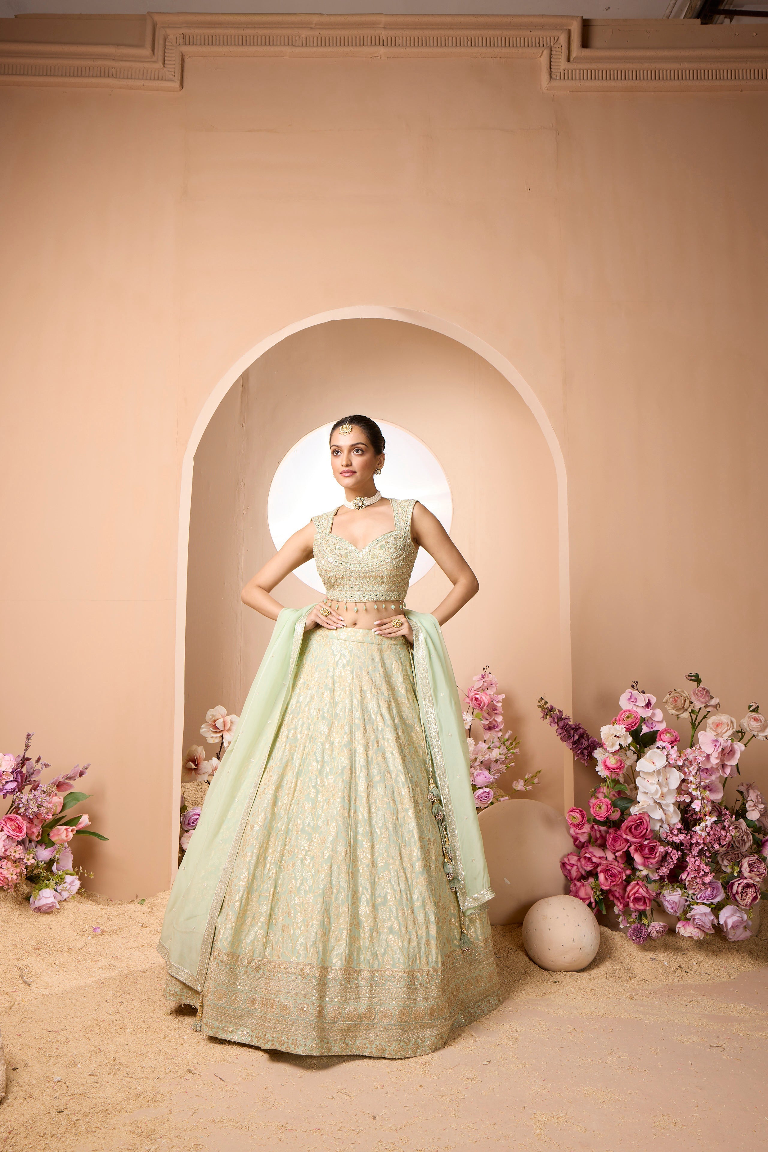 Sage Green Embellished Georgette Silk Lehenga Set