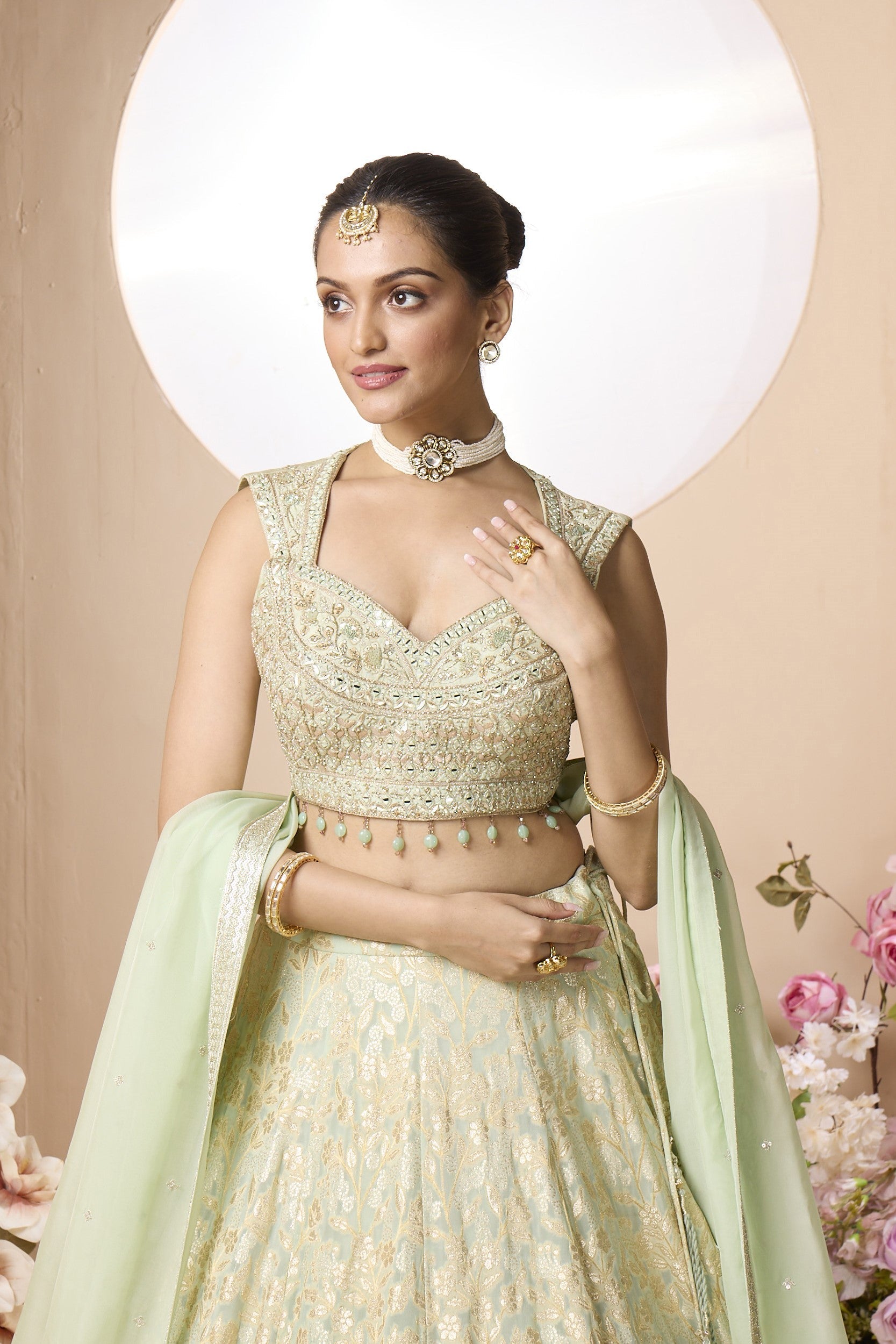 Sage Green Embellished Georgette Silk Lehenga Set