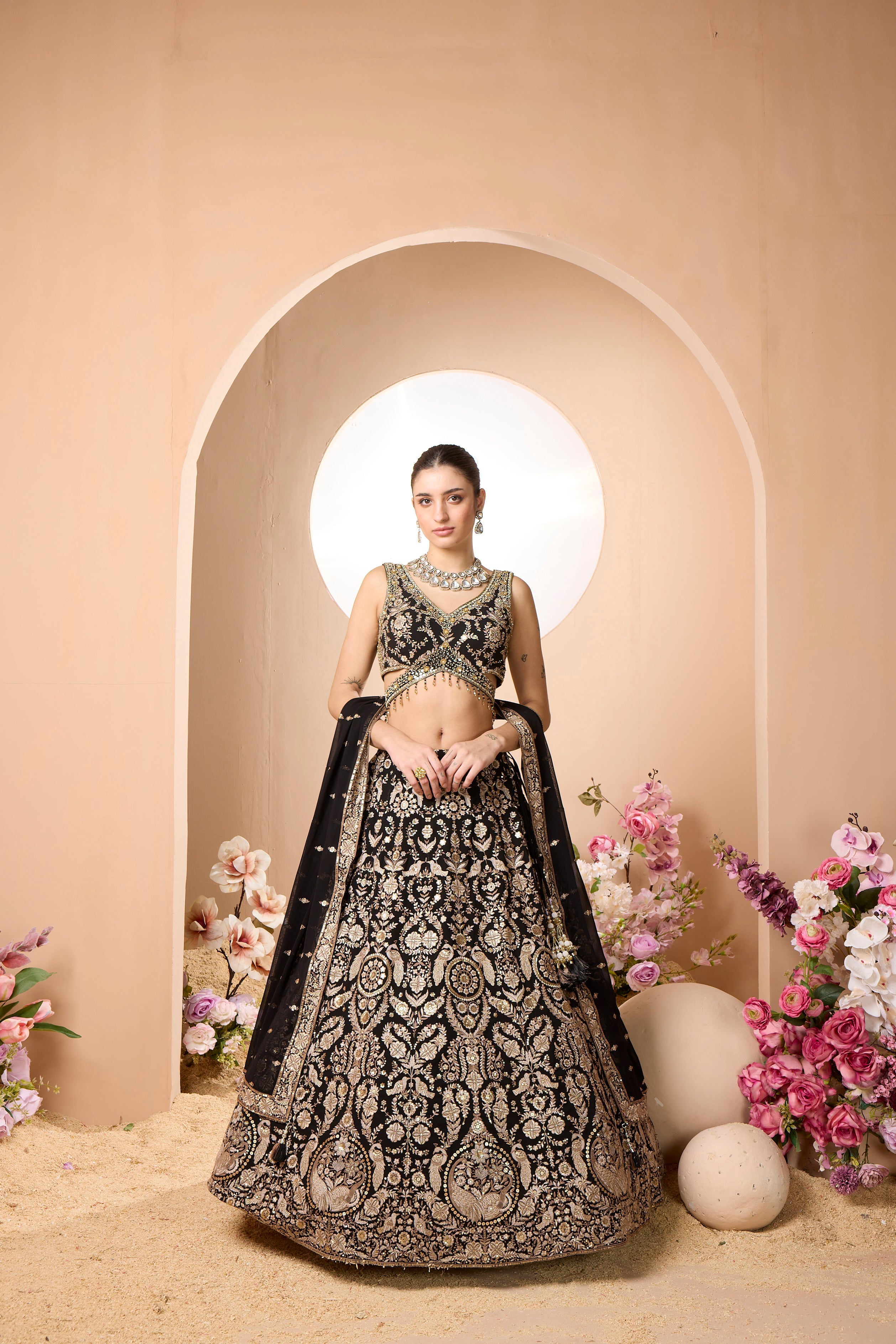 Royal Black Embellished Georgette Silk Lehenga Set