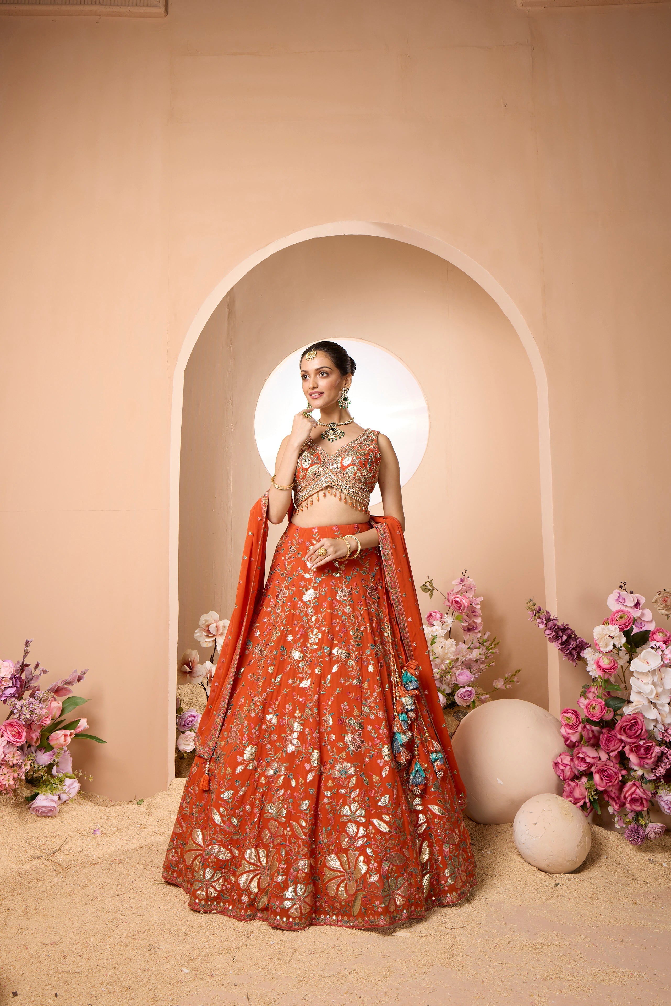 Charming Orange Embellished Georgette Silk Lehenga Set