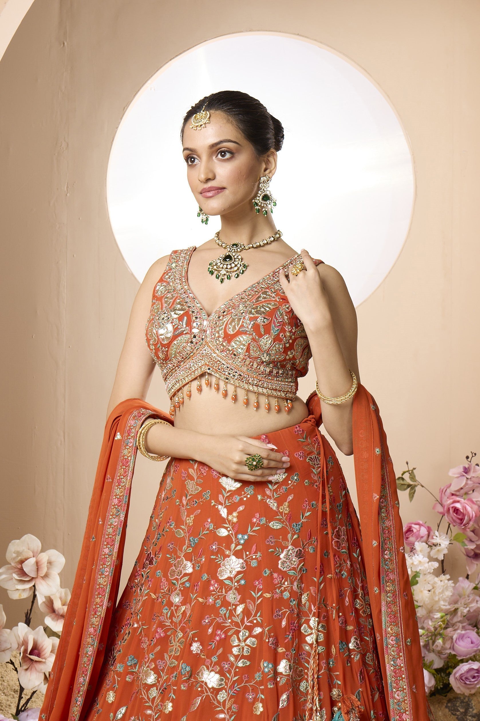 Charming Orange Embellished Georgette Silk Lehenga Set