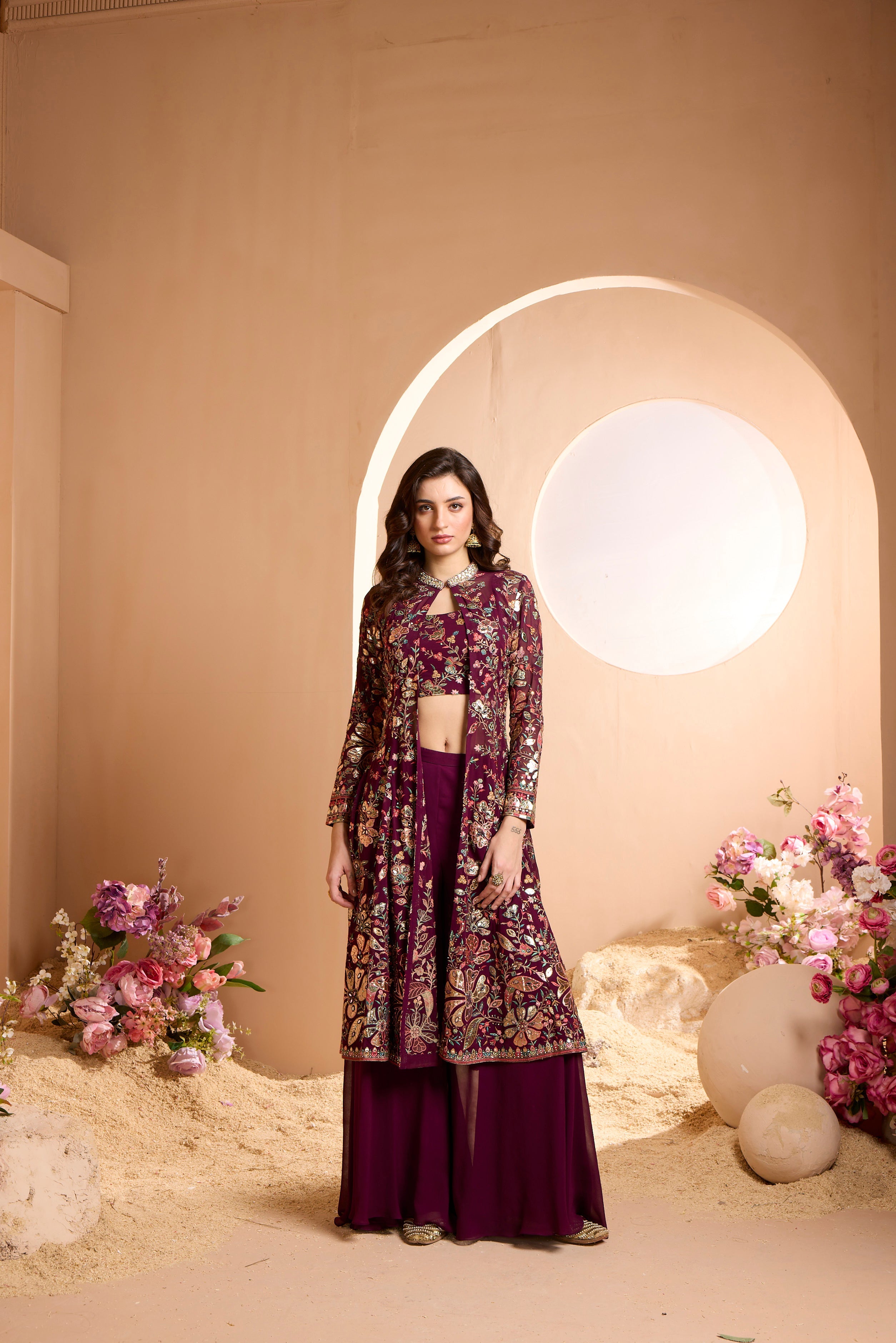 Fine Wine Embroidered Georgette Silk Cape Set