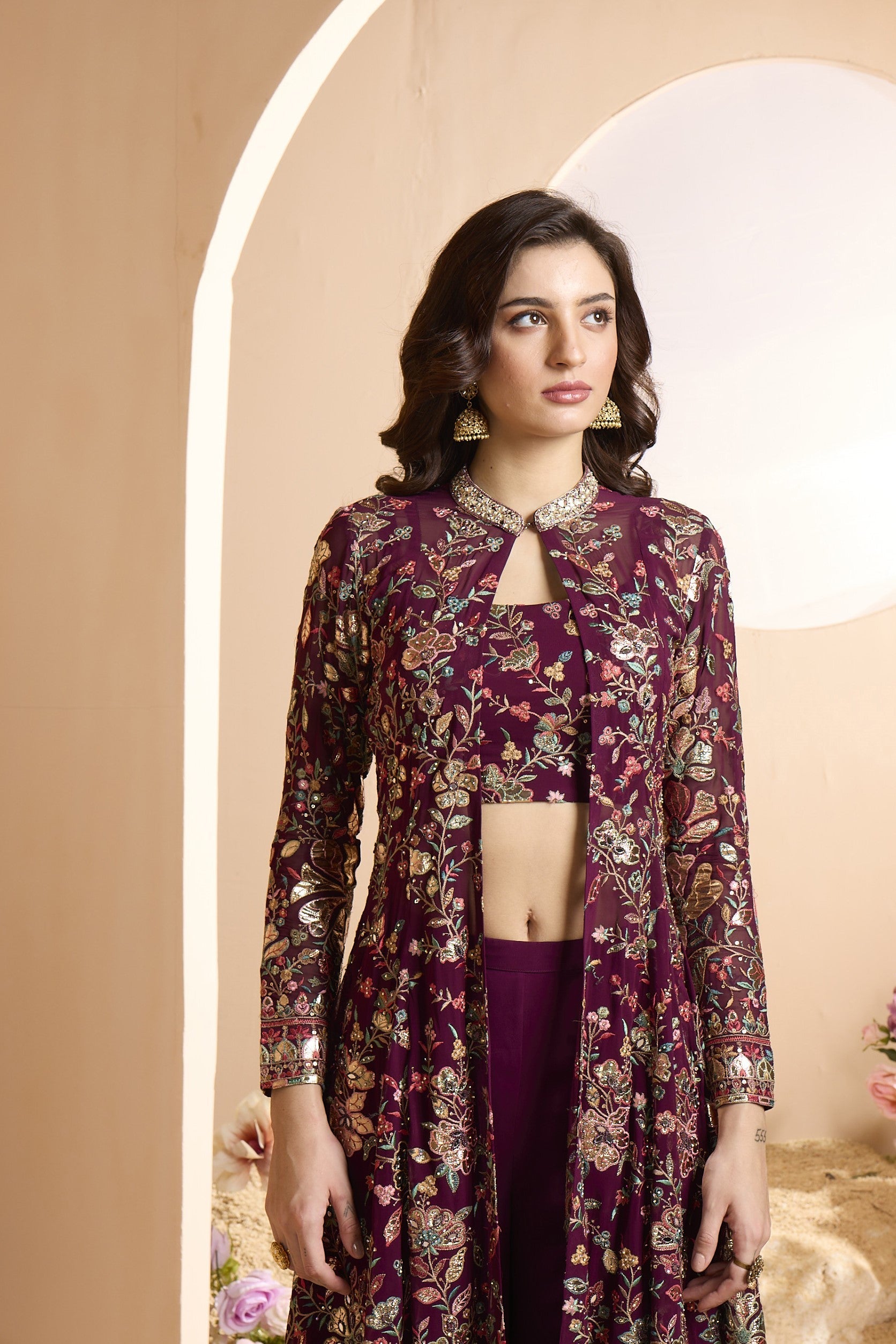 Fine Wine Embroidered Georgette Silk Cape Set