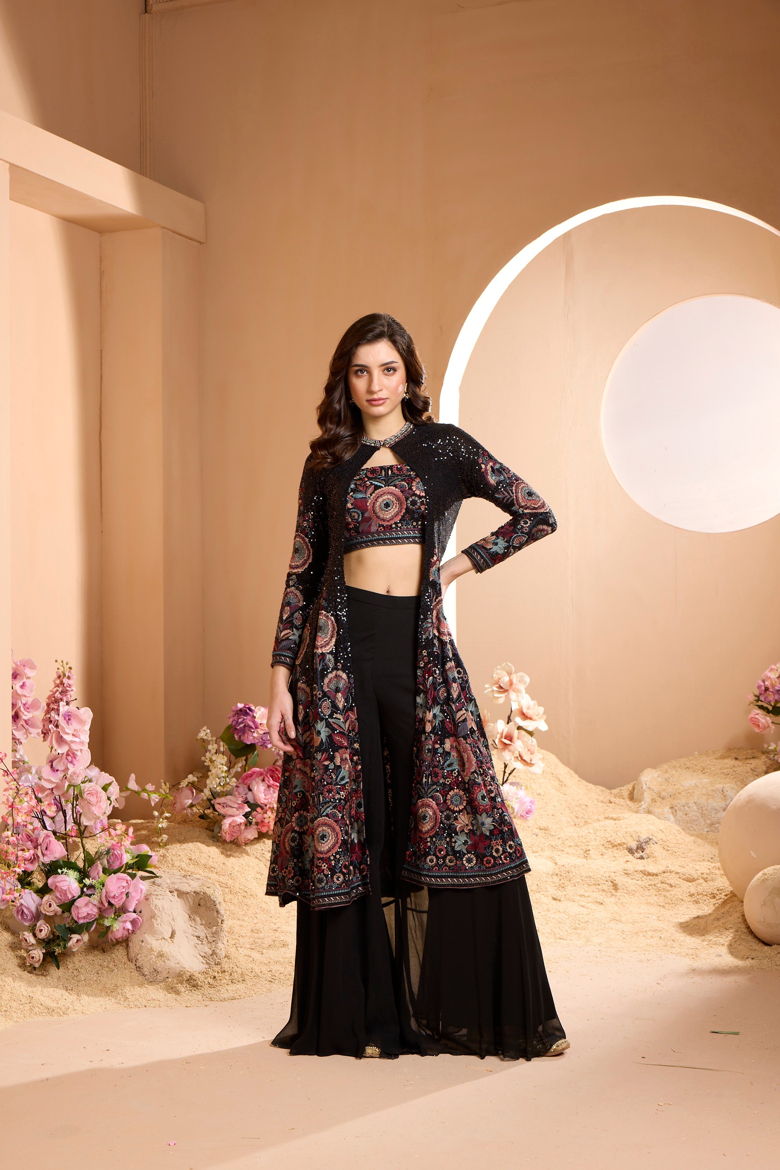 Midnight Black Embroidered Georgette Silk Cape Set