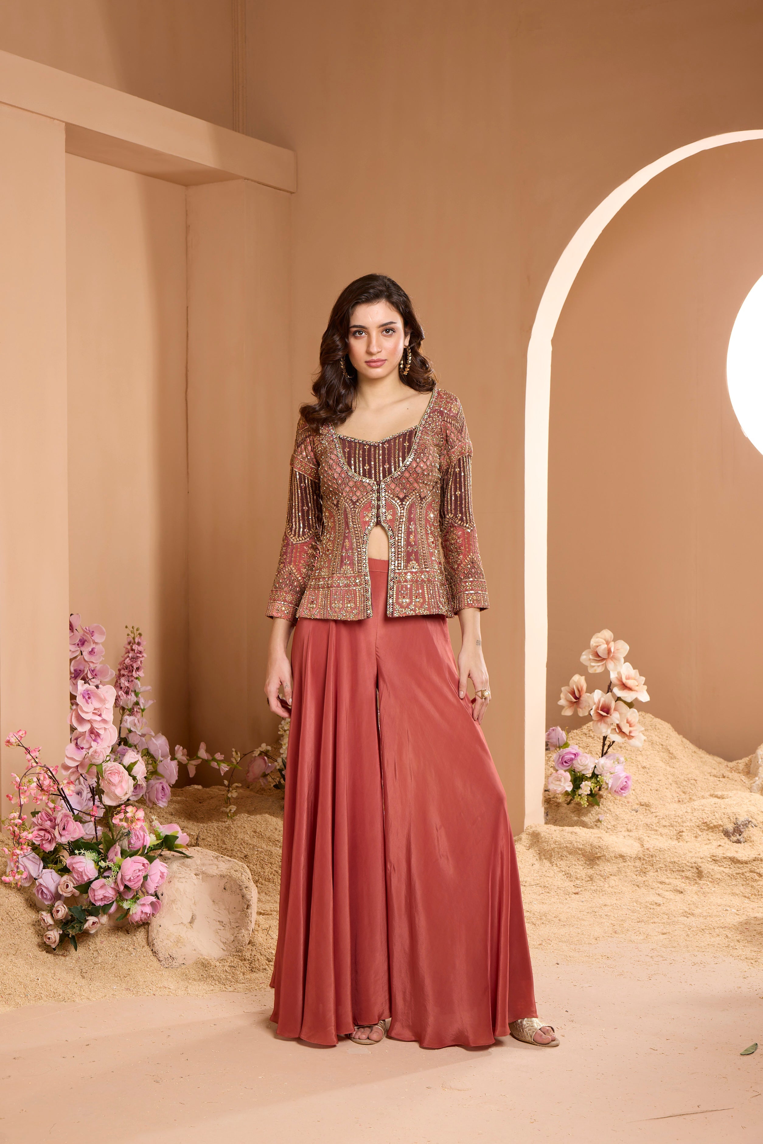 Brown Chic Embellished Georgette Silk Tunic Palazzo Set