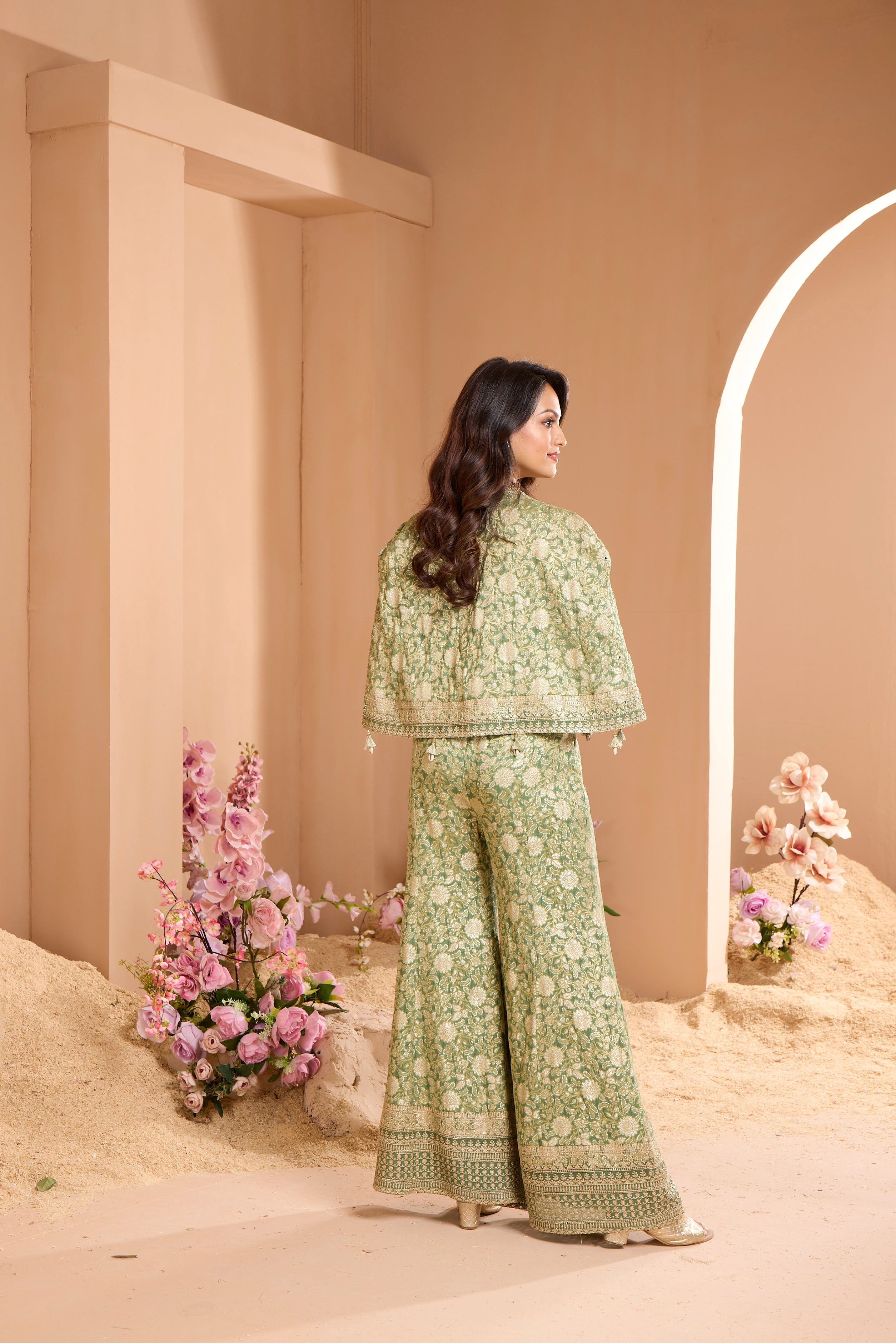 Sage Green Embroidered Crepe Silk Cape Set