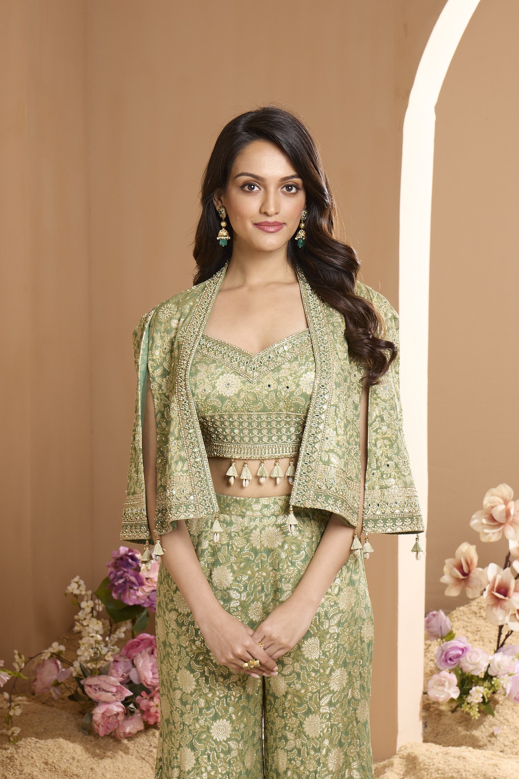 Sage Green Embroidered Crepe Silk Cape Set