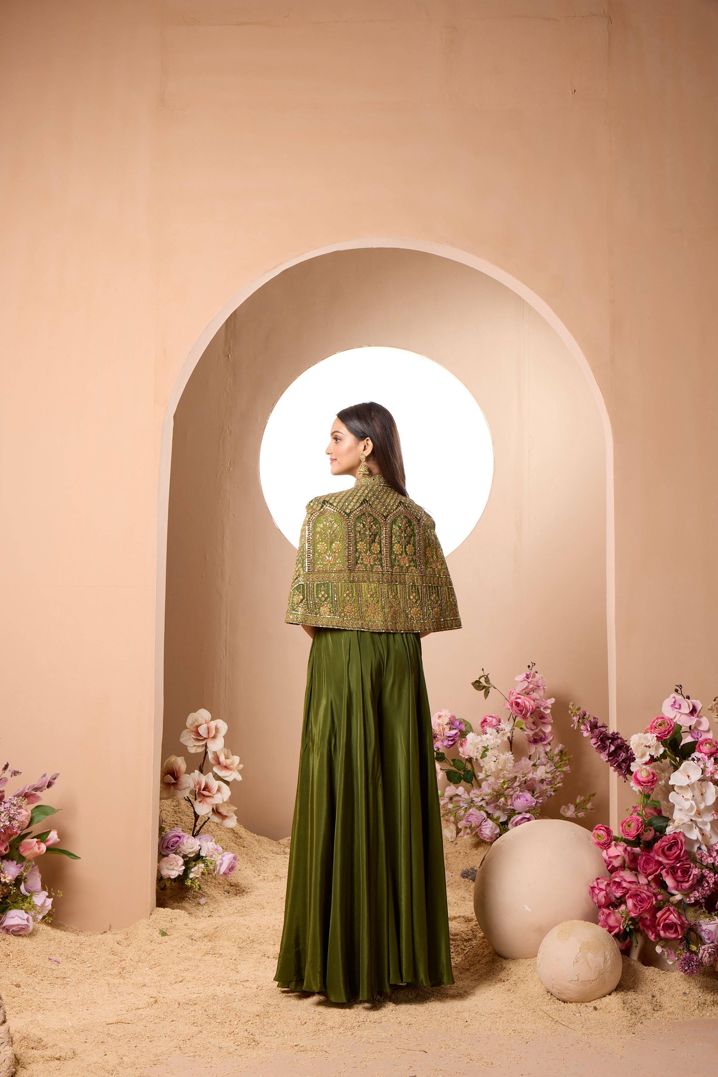 Olive Green Embellished Italian Silk Cape Set