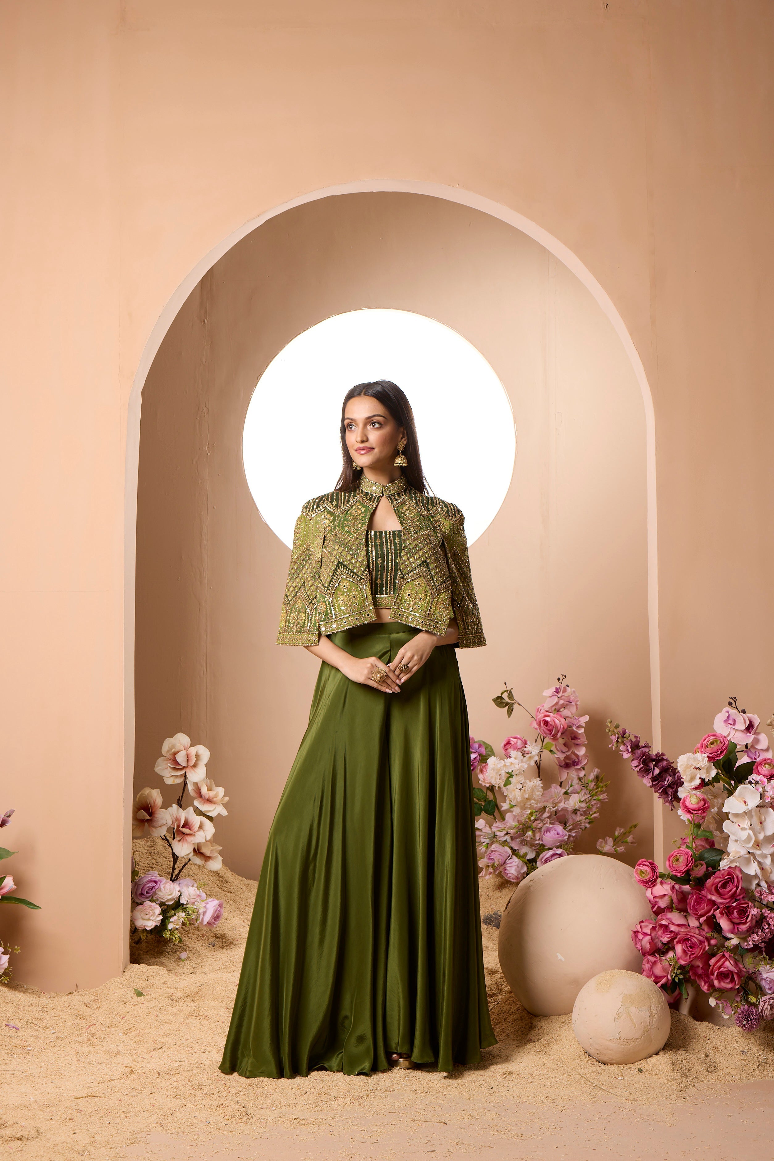 Olive Green Embellished Italian Silk Cape Set