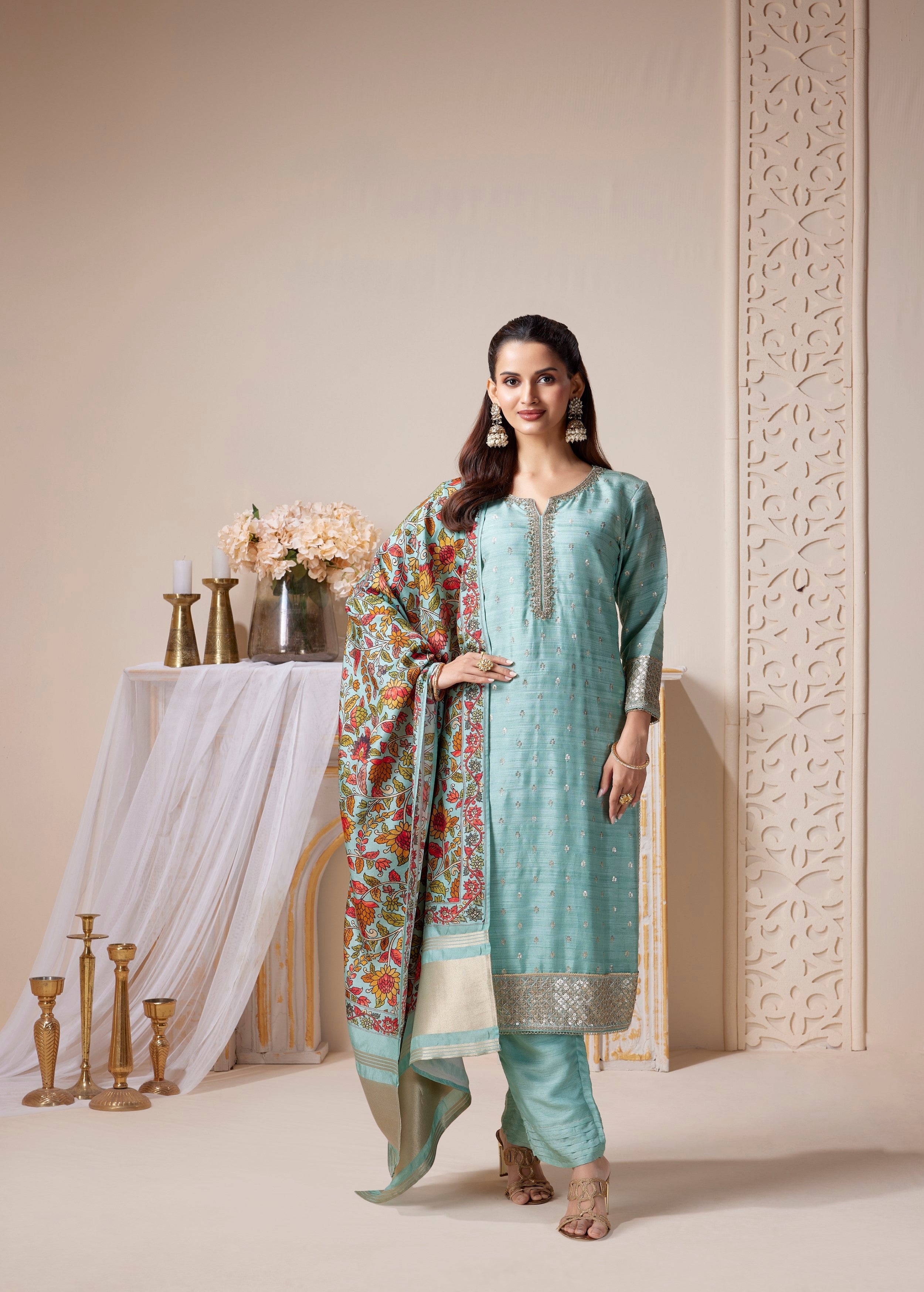 Serene Aqua Embellished Premium Silk Pant Set