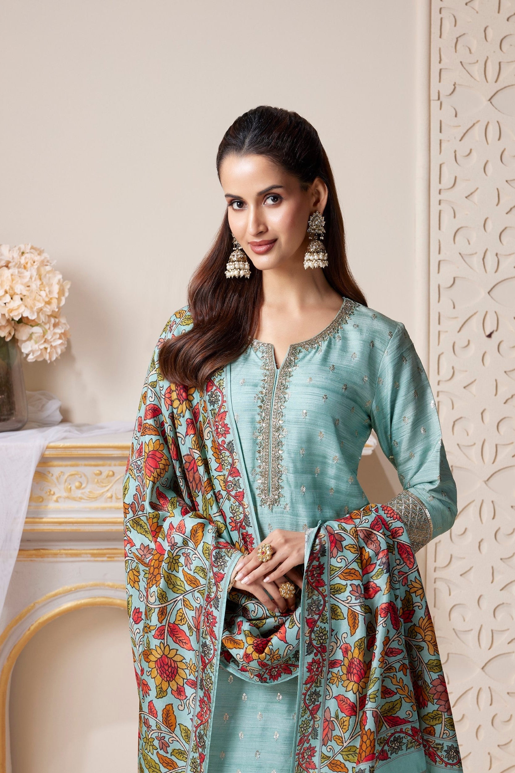 Serene Aqua Embellished Premium Silk Pant Set