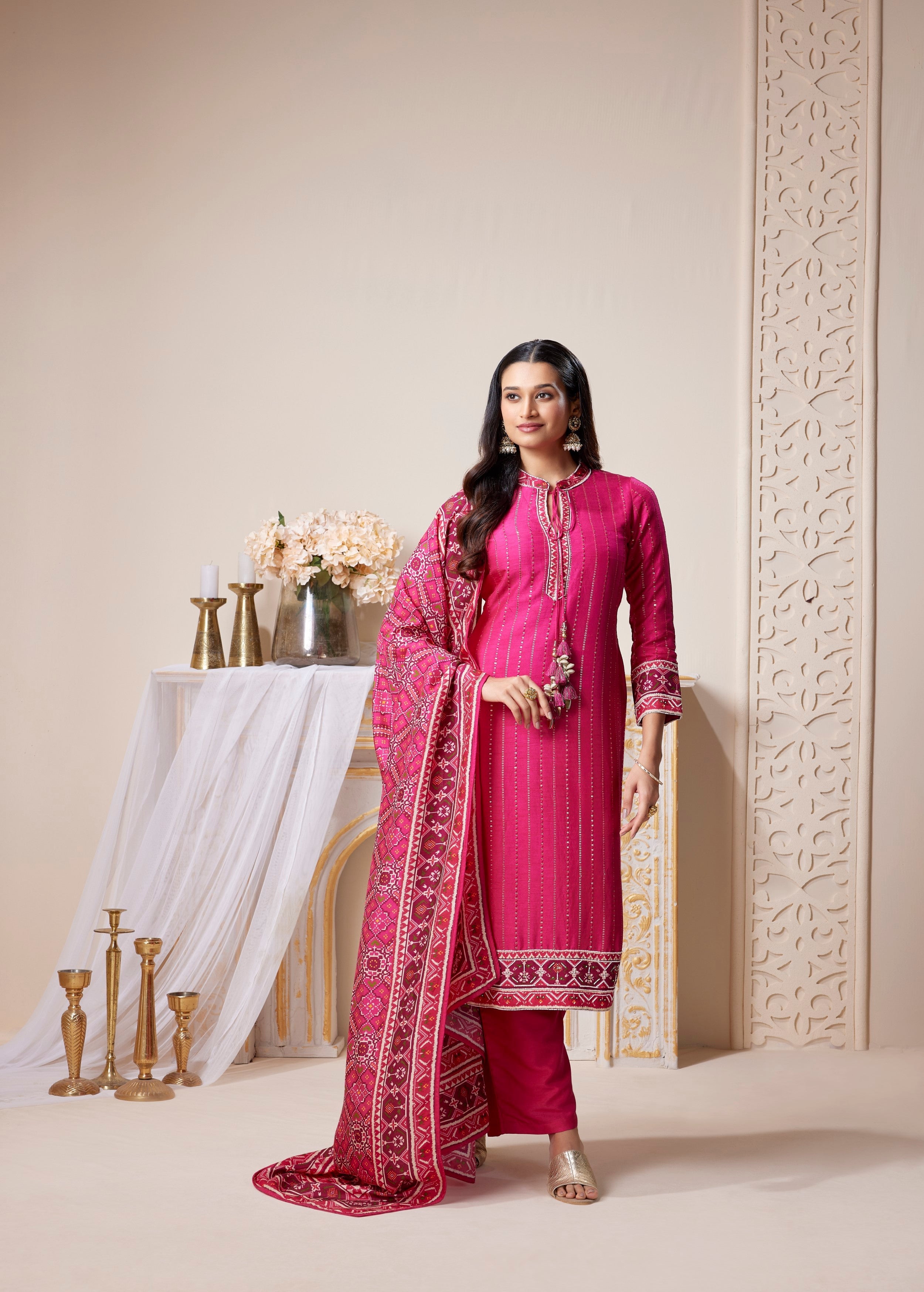 Rani Pink Embellished Premium Silk Pant Set