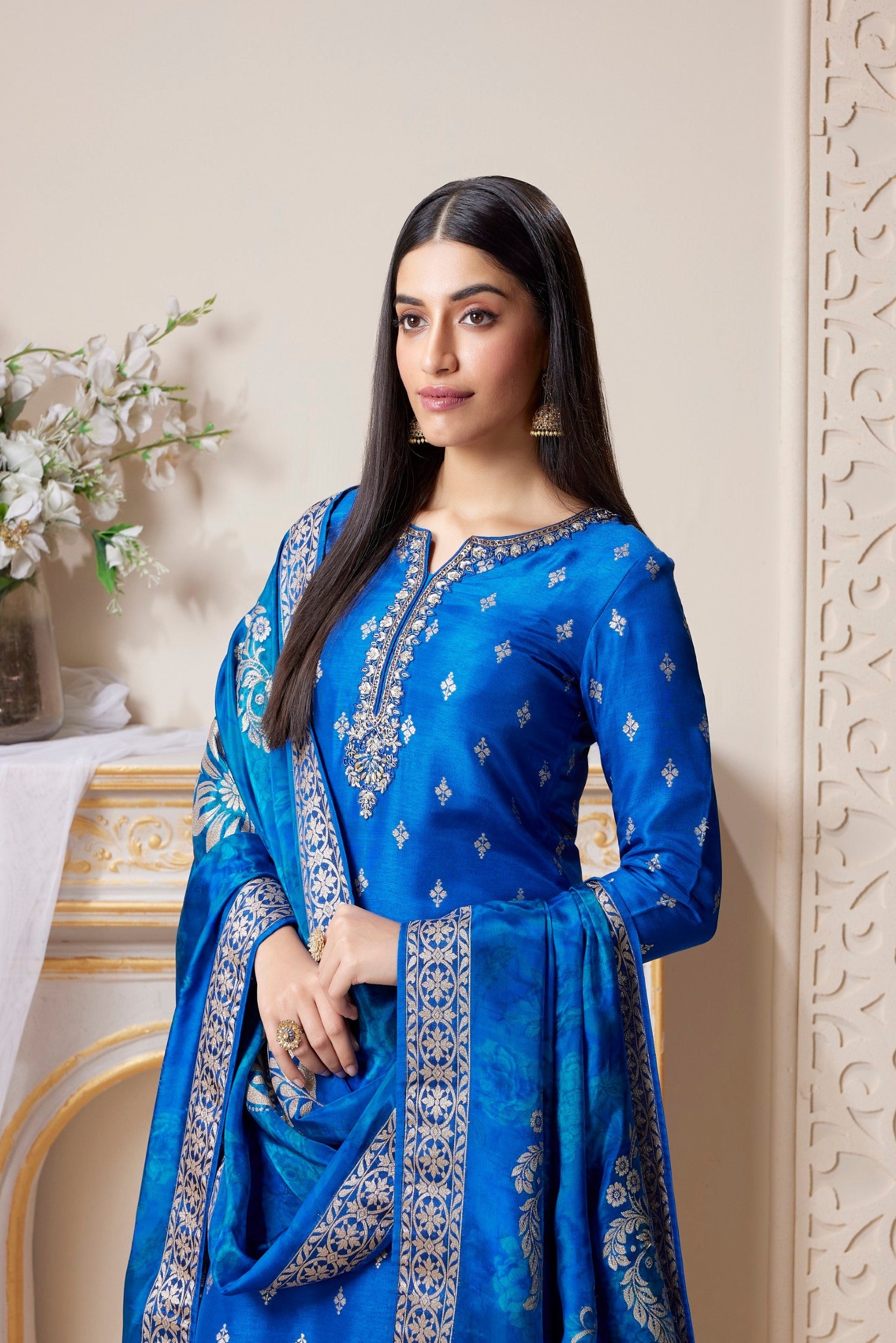 Royal Blue Embellished Premium Silk Pant Set