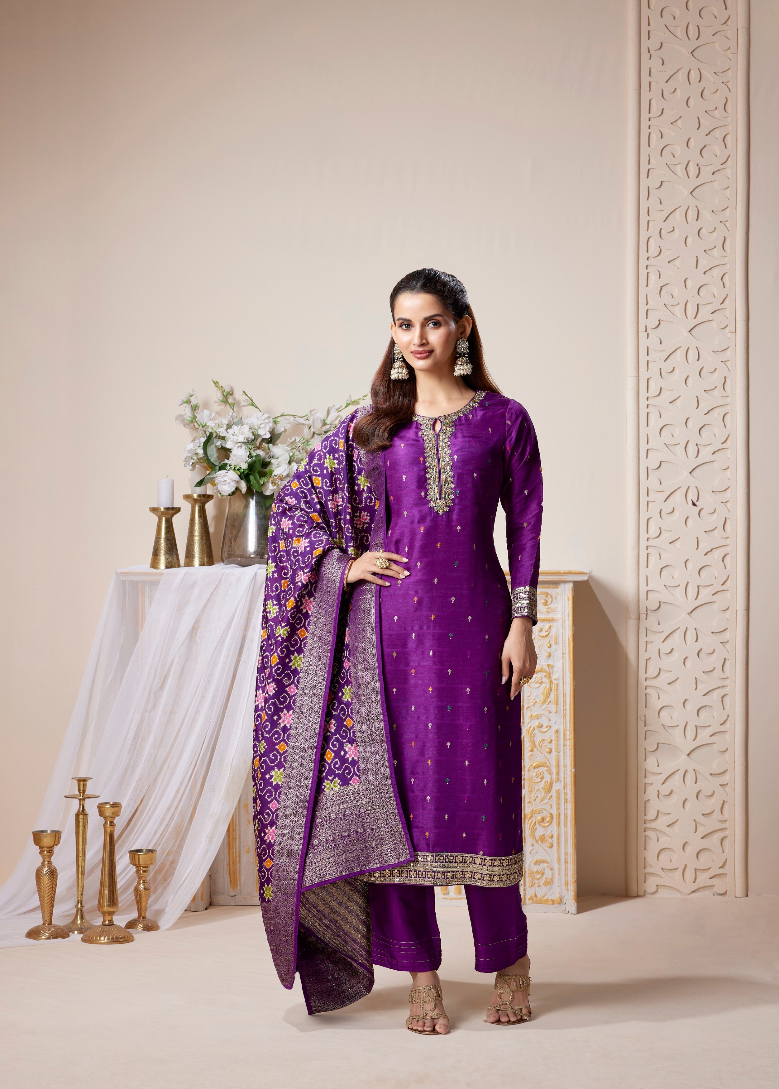 Regal Purple Embellished Premium Silk Pant Set