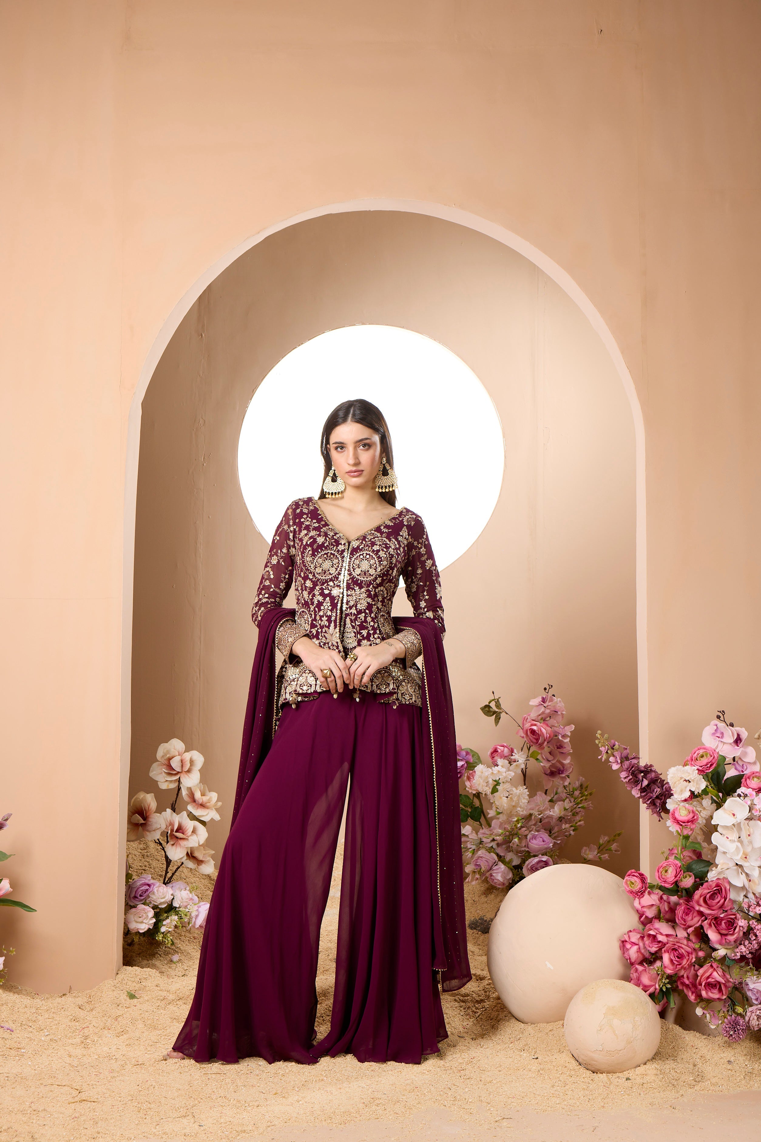 Alluring Wine Embellished Georgette Silk Palazzo Set