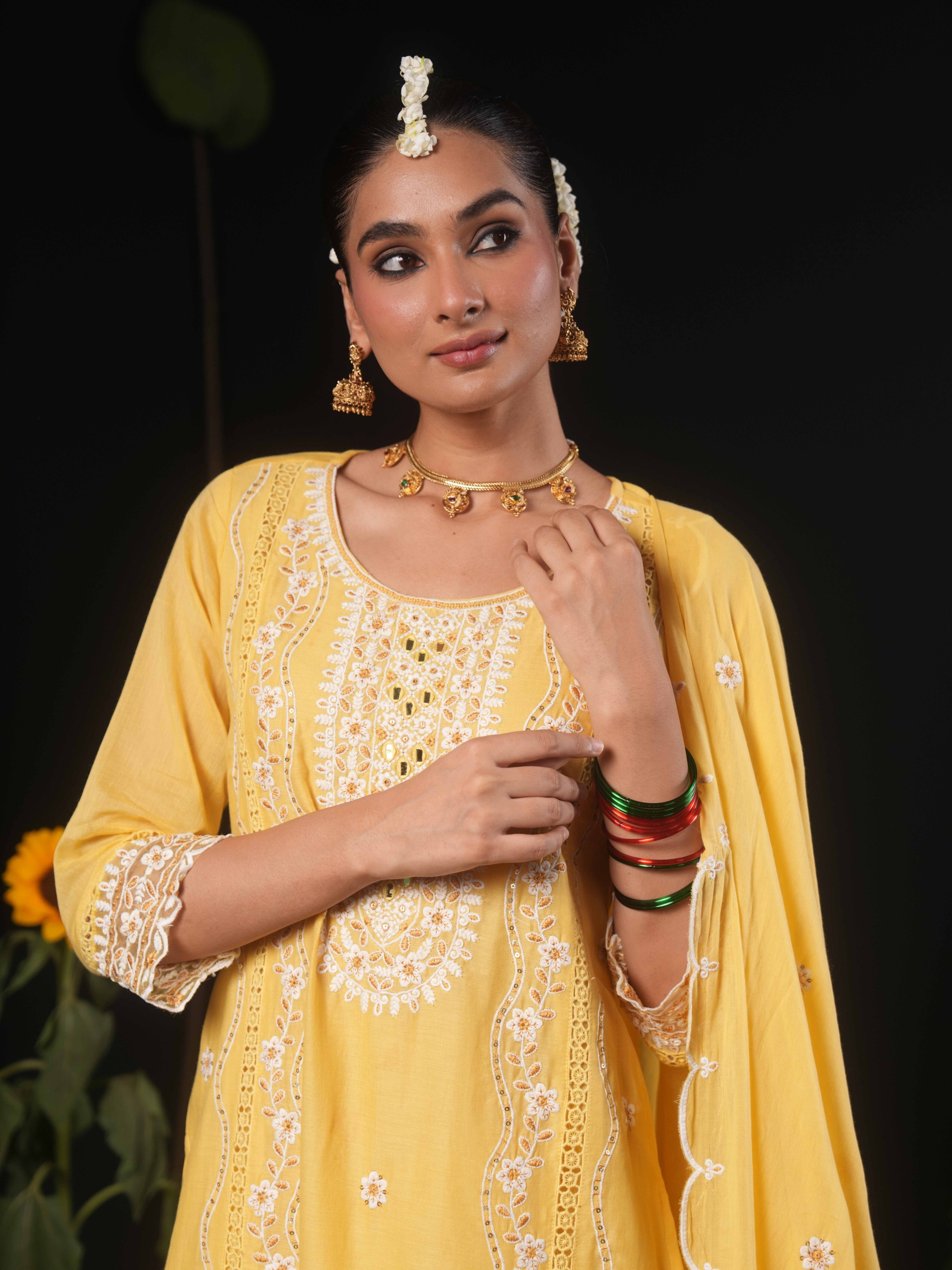 Sunshine Flora Embellished Cotton Pant Set