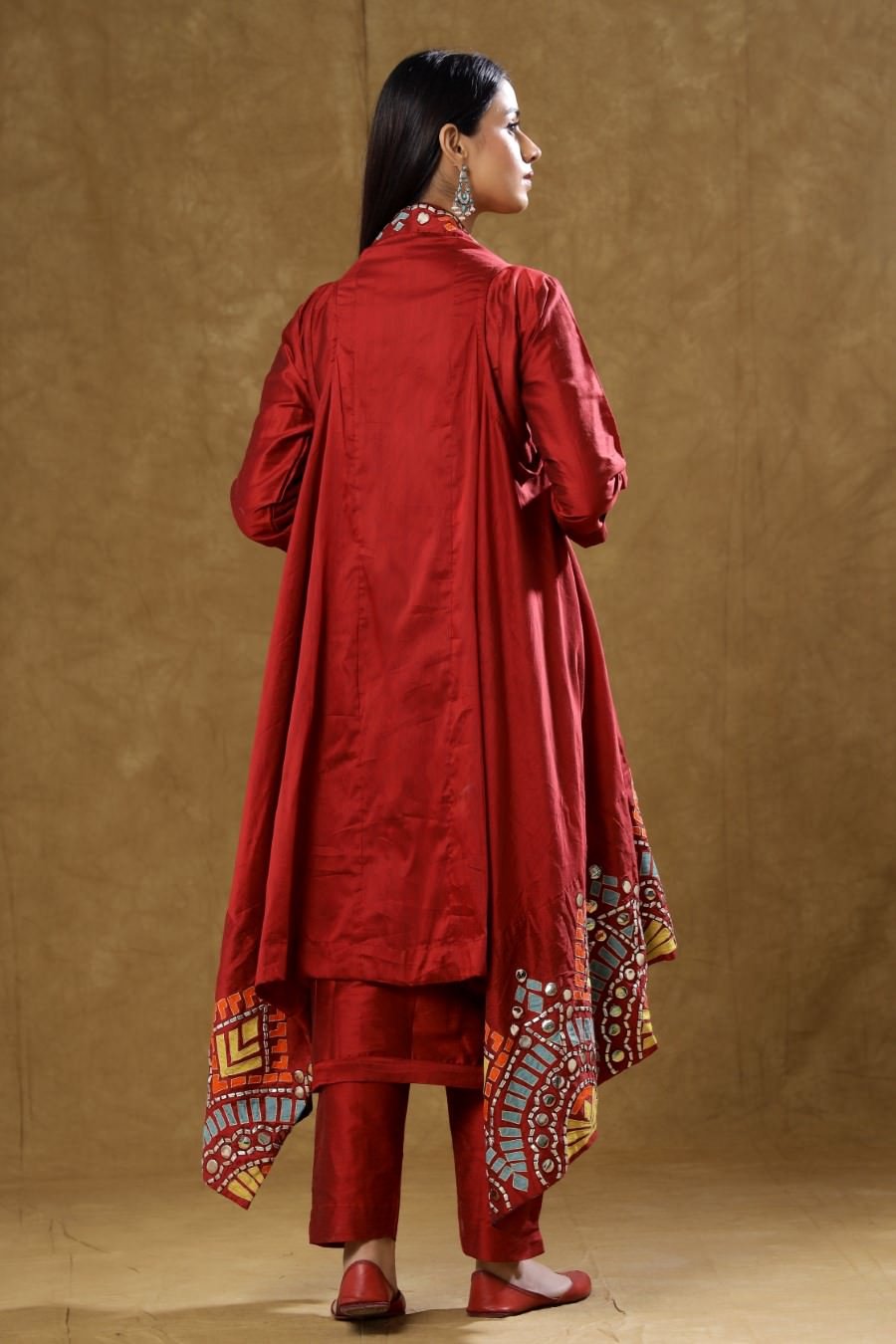 Maroon Dola Silk Kurta Pant And Jacket Set