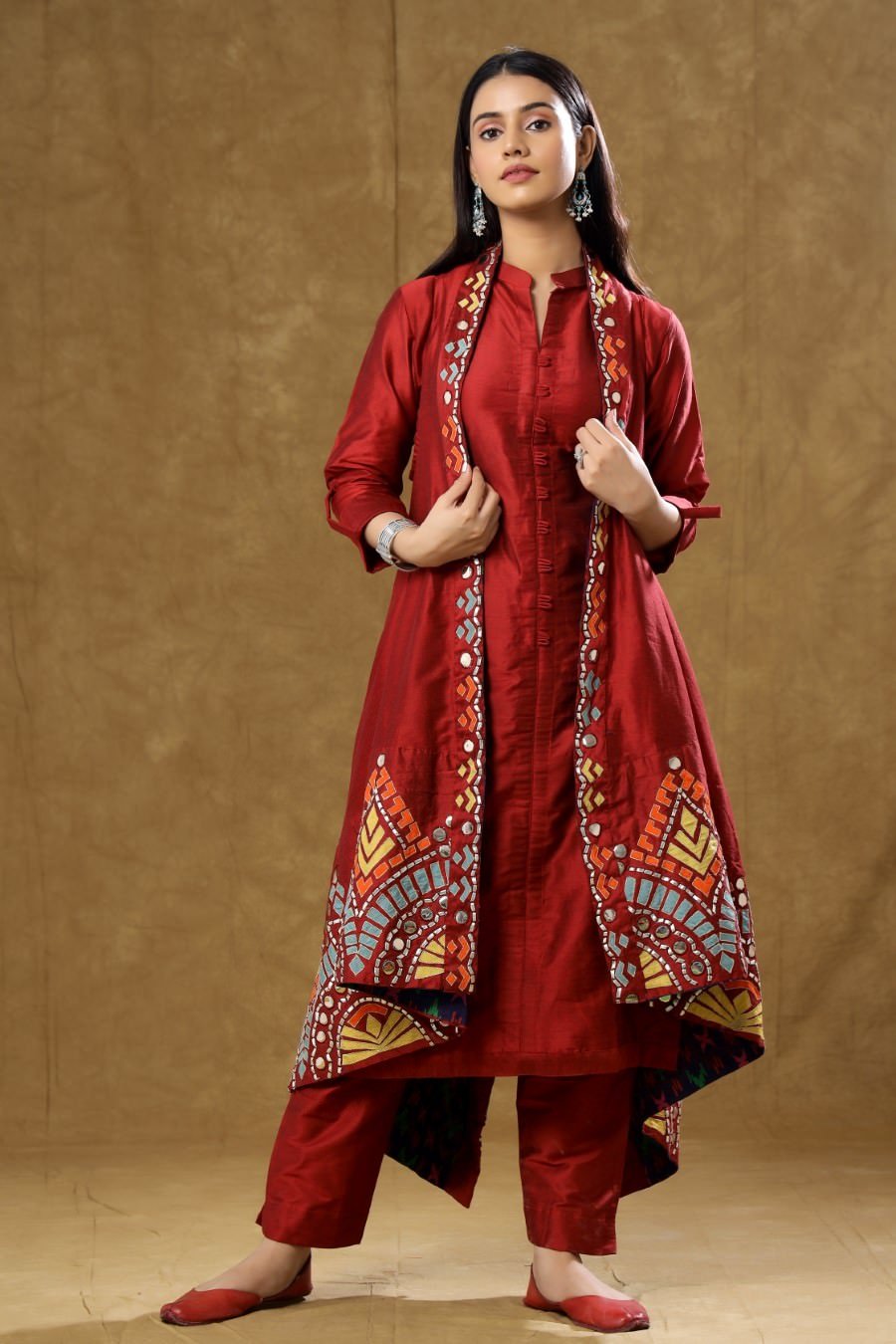 Maroon Dola Silk Kurta Pant And Jacket Set