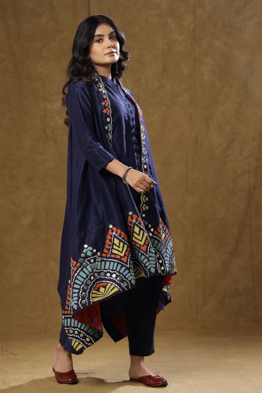 Navy Blue Dola Silk Kurta Pant And Jacket Set