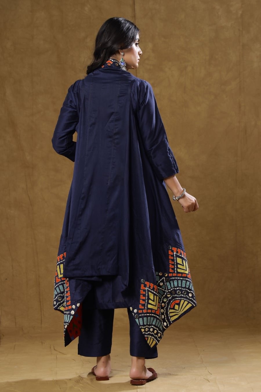 Navy Blue Dola Silk Kurta Pant And Jacket Set