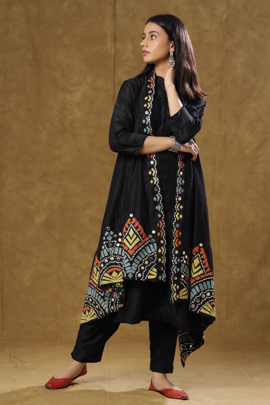 Black Dola Silk Kurta Pant And Jacket Set