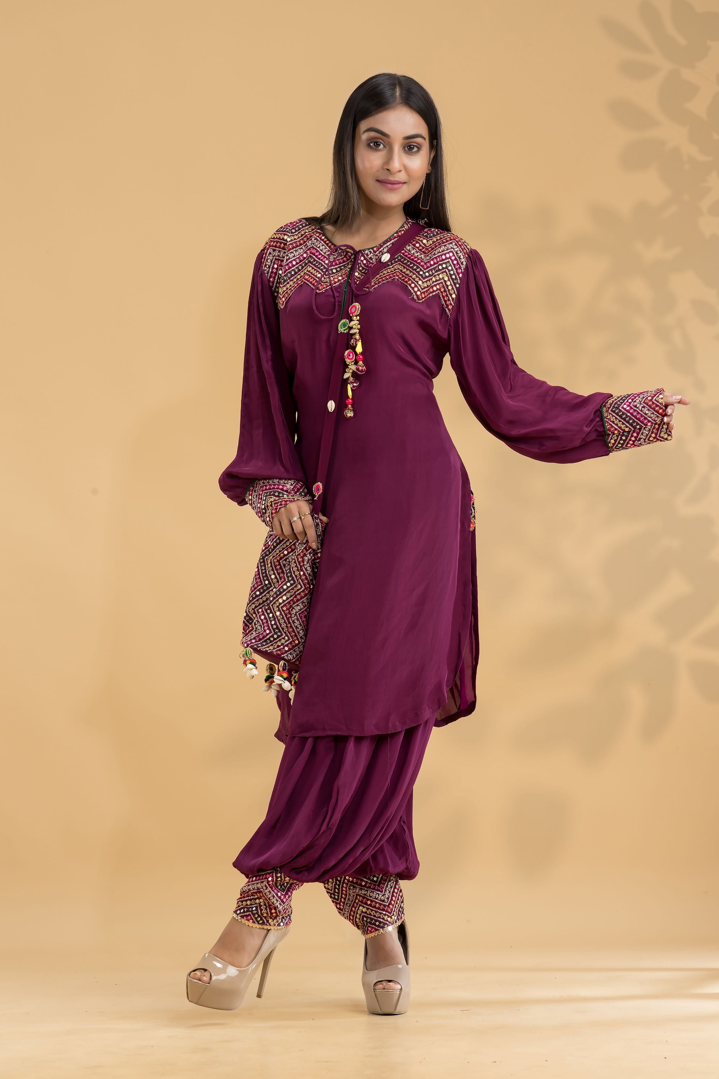 Wine Embroidered Muslin Silk Patiala Pants Set