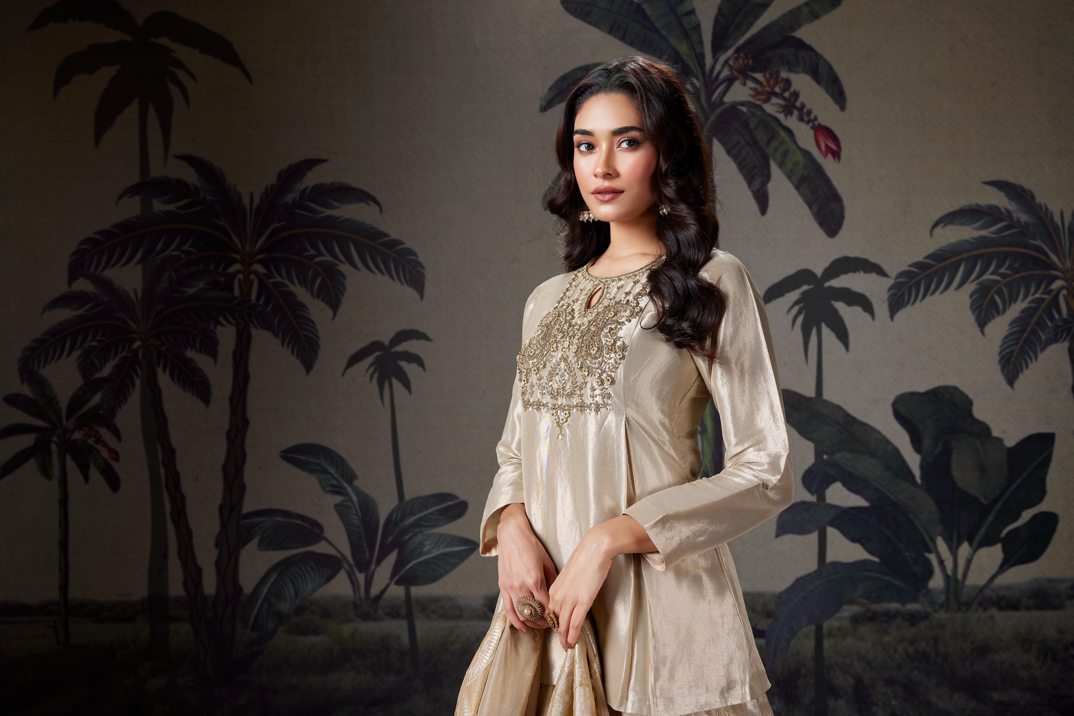 Beige Gold Embellished Shimmer Tissue Silk Lehenga Set