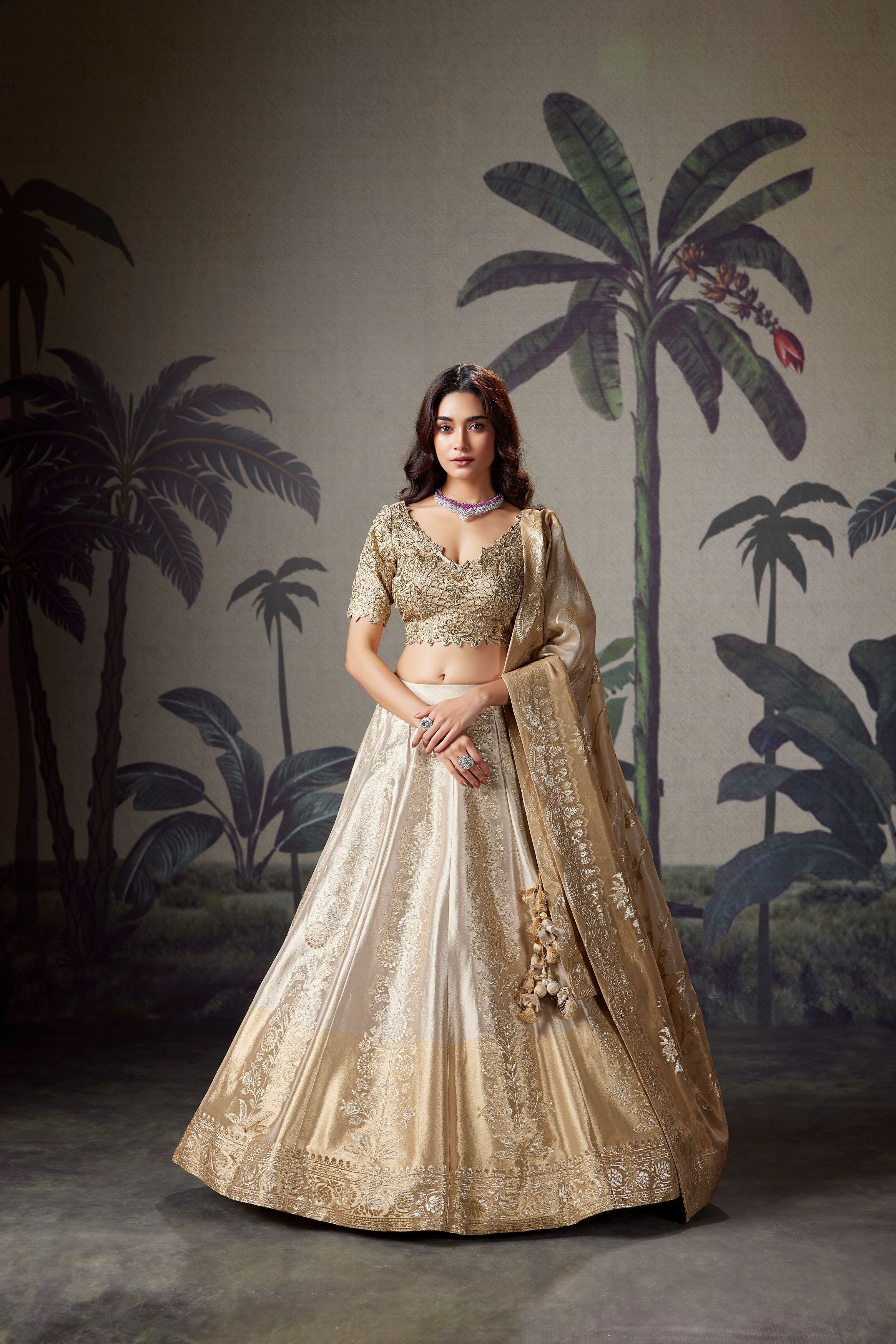 Ivory Bronze Embellished Shimmer Tissue Silk Lehenga Set