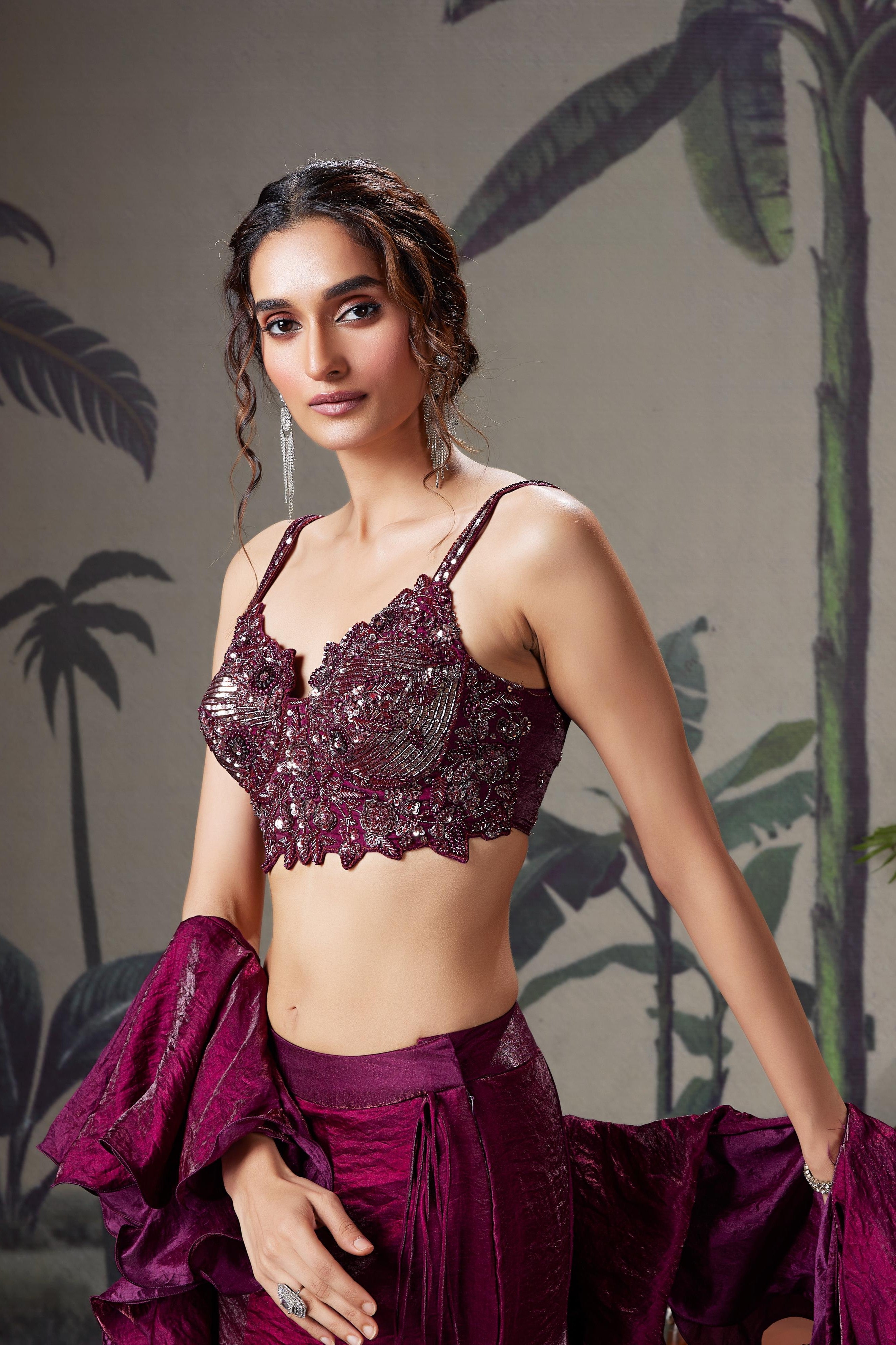 Maroon Embellished Shimmer Organza Lehenga Set