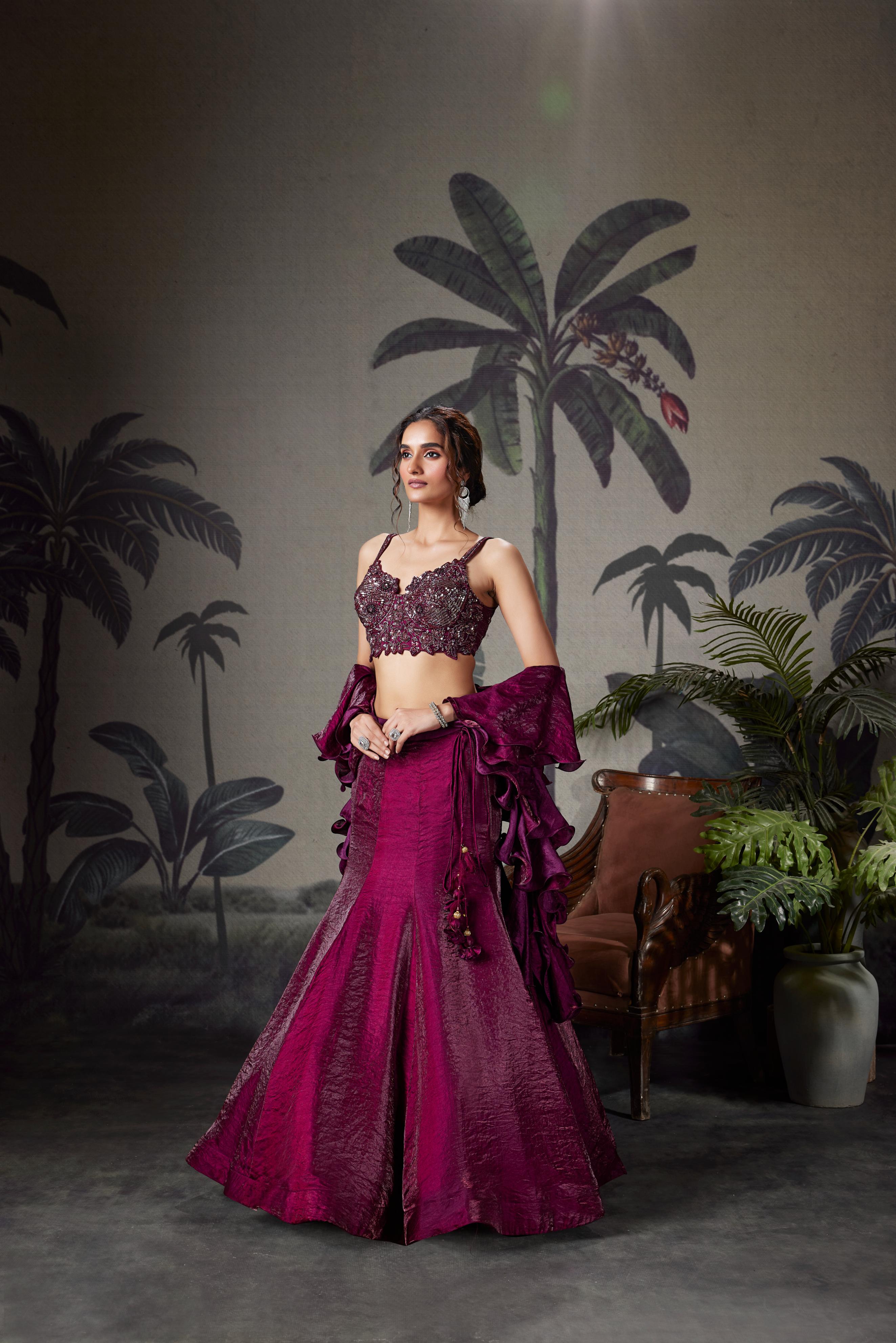 Maroon Embellished Shimmer Organza Lehenga Set