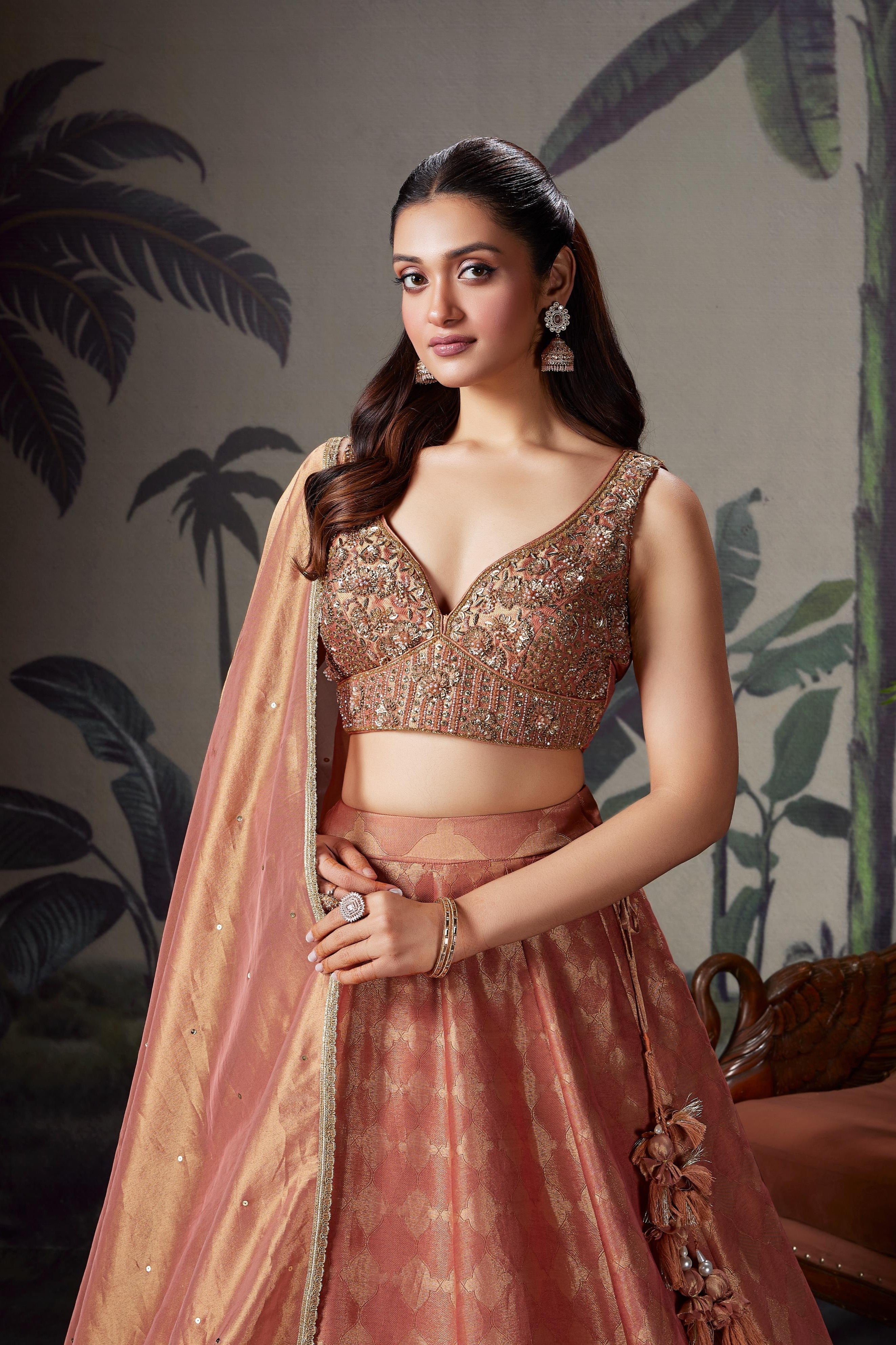 Pastel Peach Embellished Silk Lehenga Set