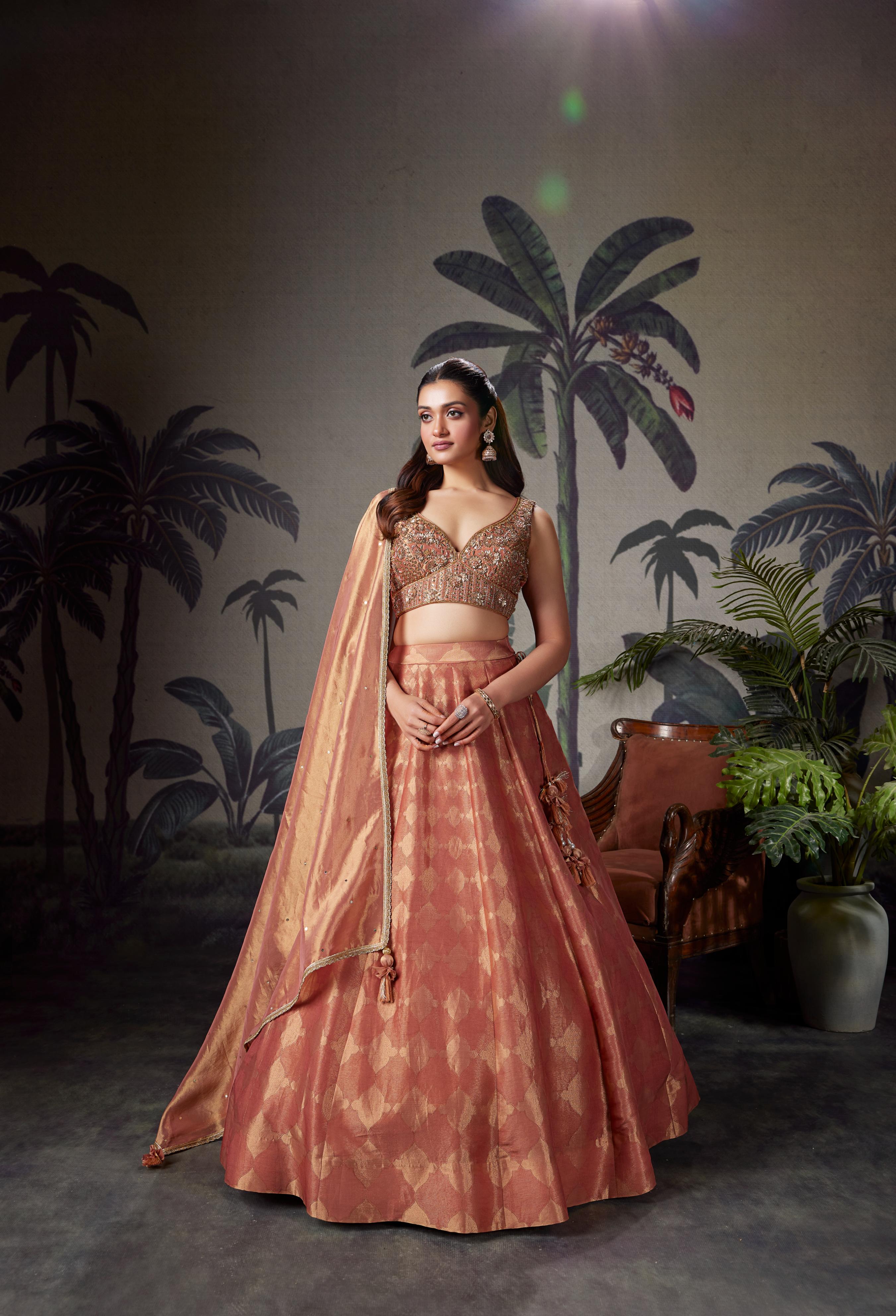 Pastel Peach Embellished Silk Lehenga Set