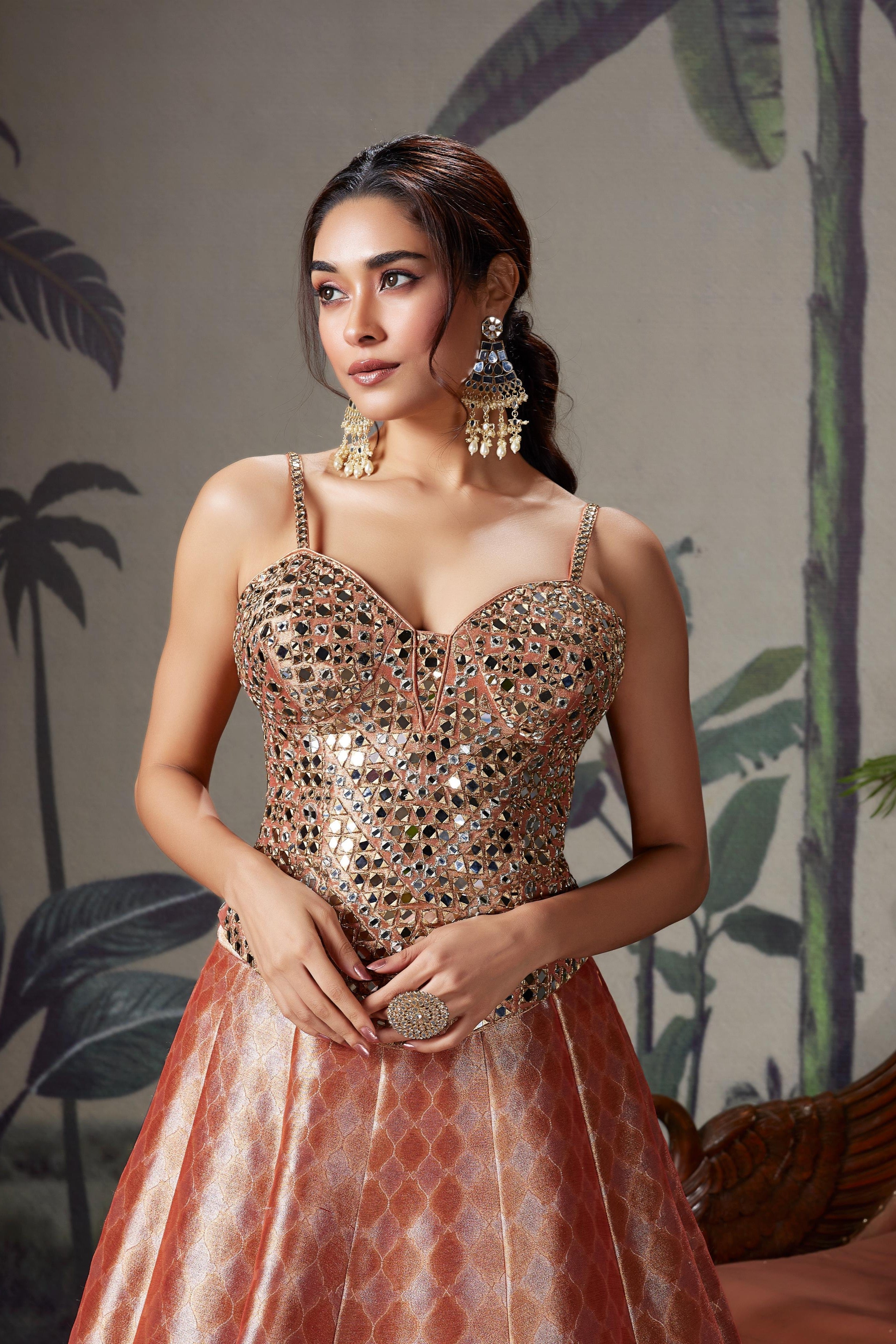 Peach Gold Embellished Premium Silk Gown