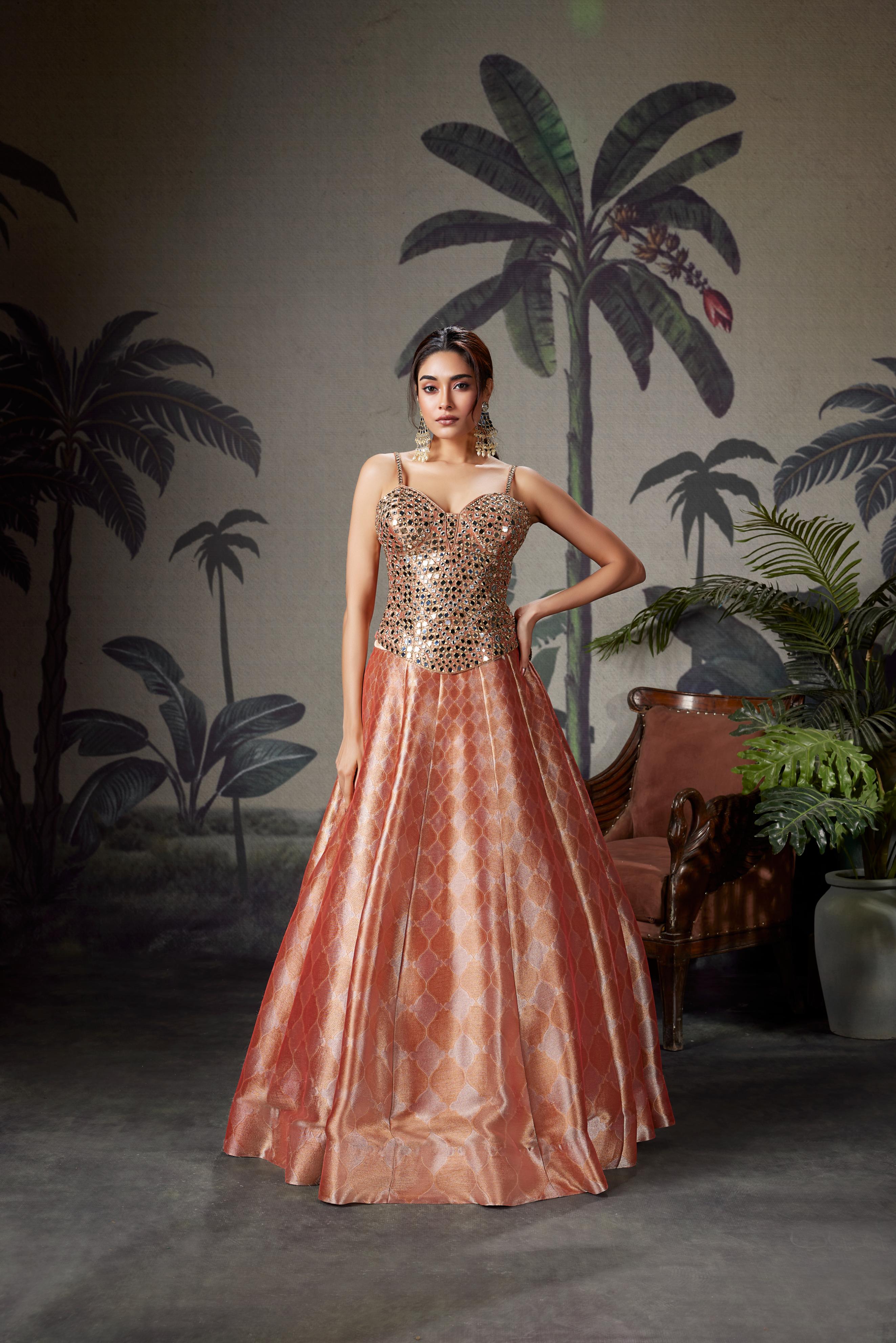 Peach Gold Embellished Premium Silk Gown