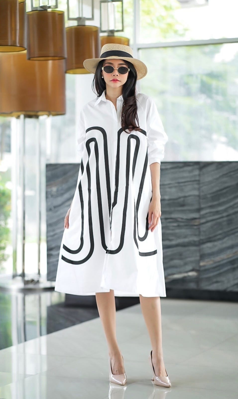 White Monochrome Path Print Tunic Dress