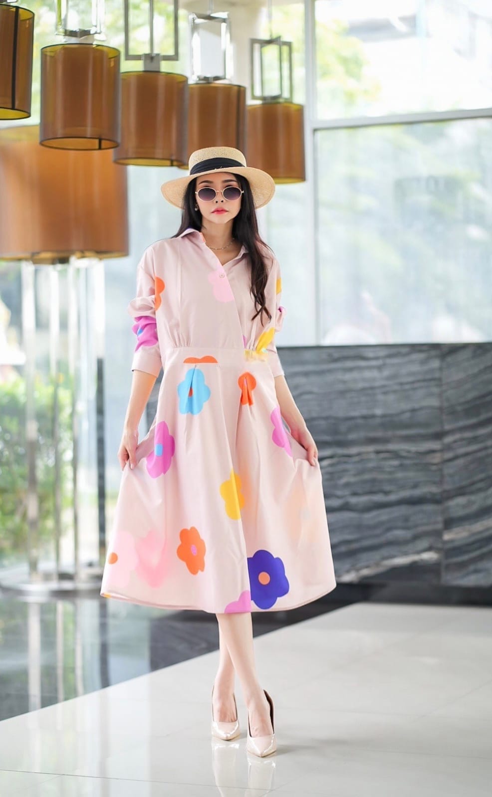 Soft Beige Multicolor Bold Bloom Print Tunic Dress
