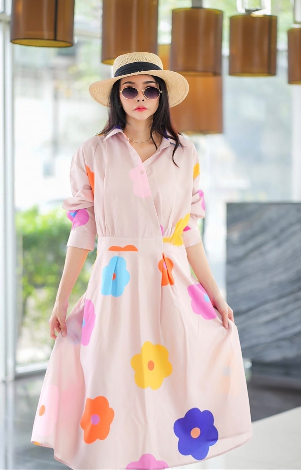 Soft Beige Multicolor Bold Bloom Print Tunic Dress