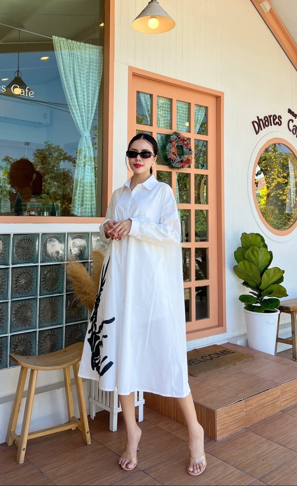 White Floral Threadwork Tunic Dress