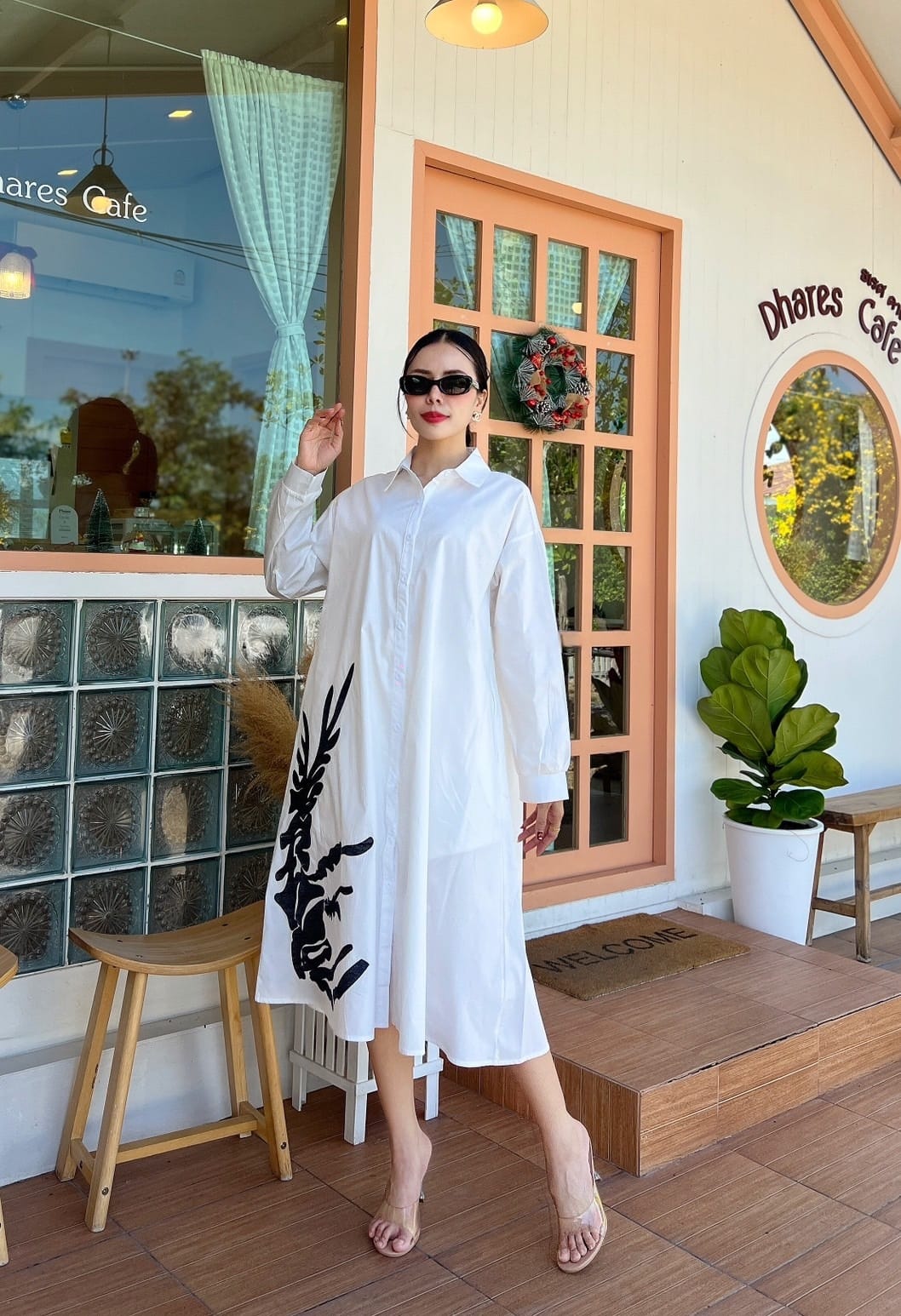 White Floral Threadwork Tunic Dress