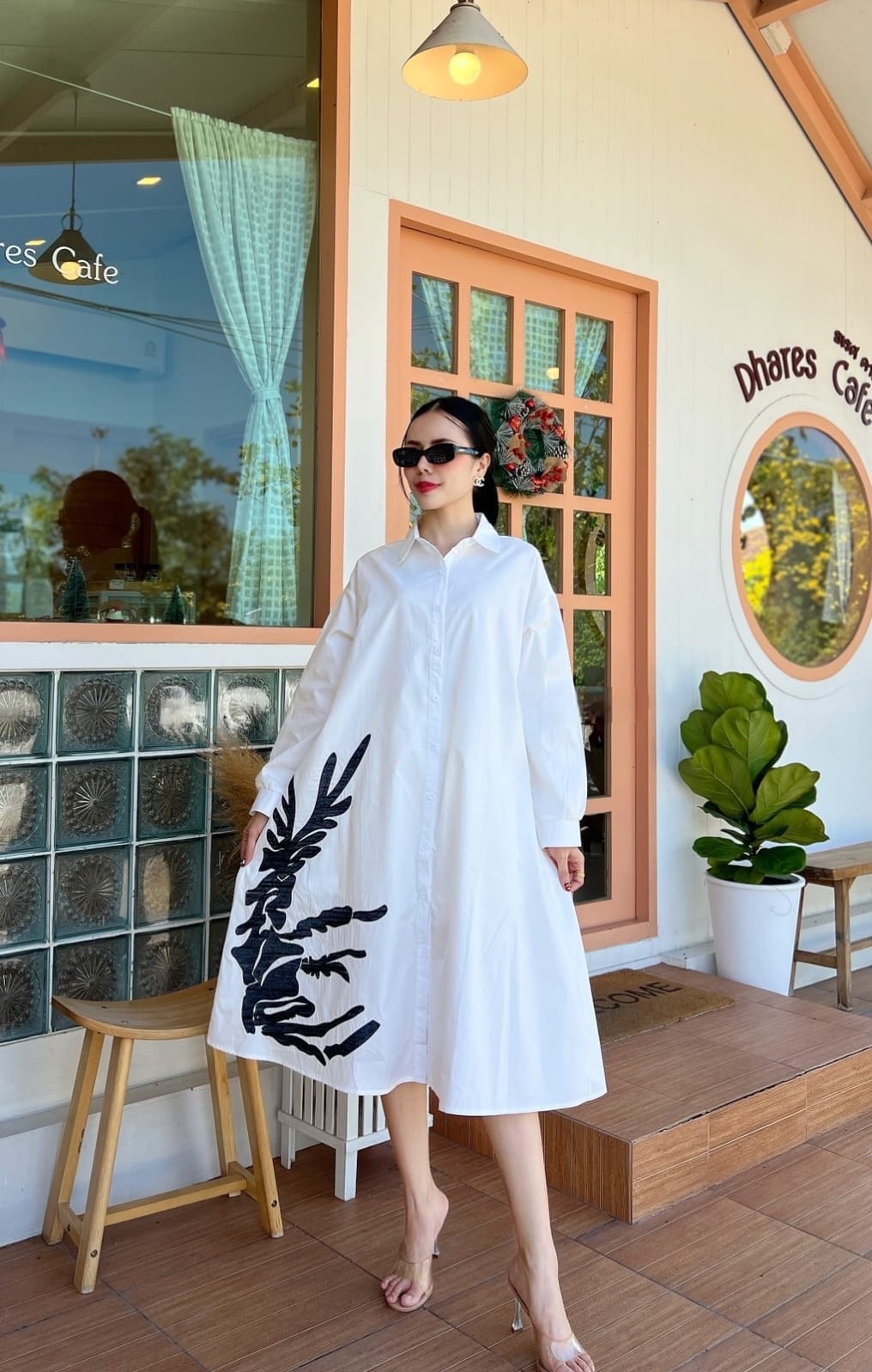 White Floral Threadwork Tunic Dress